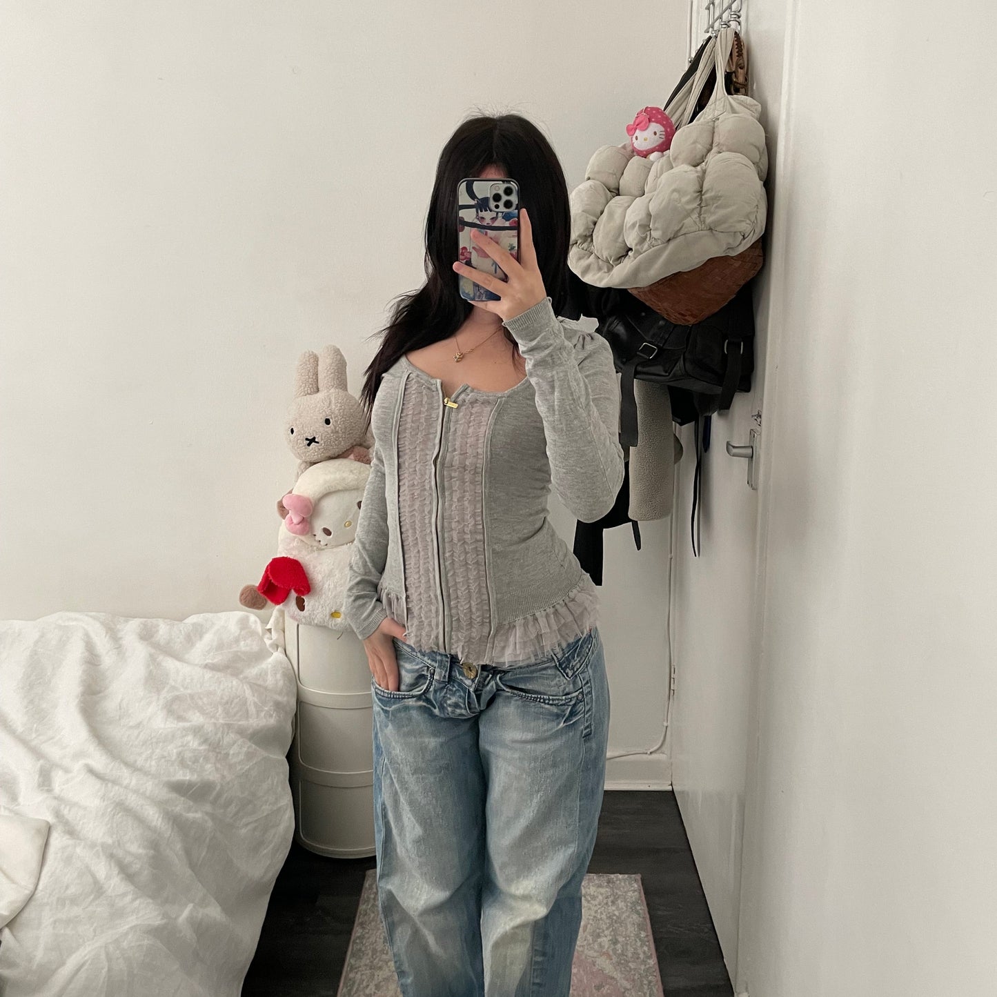 morgan de toi layered grey faux cardigan + ruffle blouse two in one corset style top