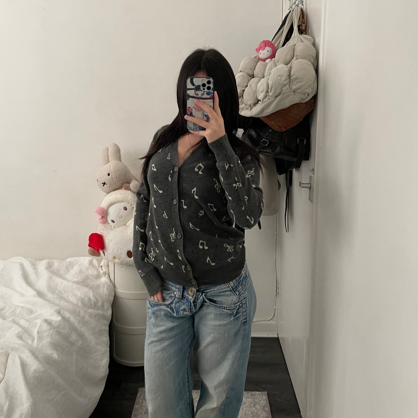 grey hysteric glamour thee hysteric xxx musical note print long sleeve cardigan