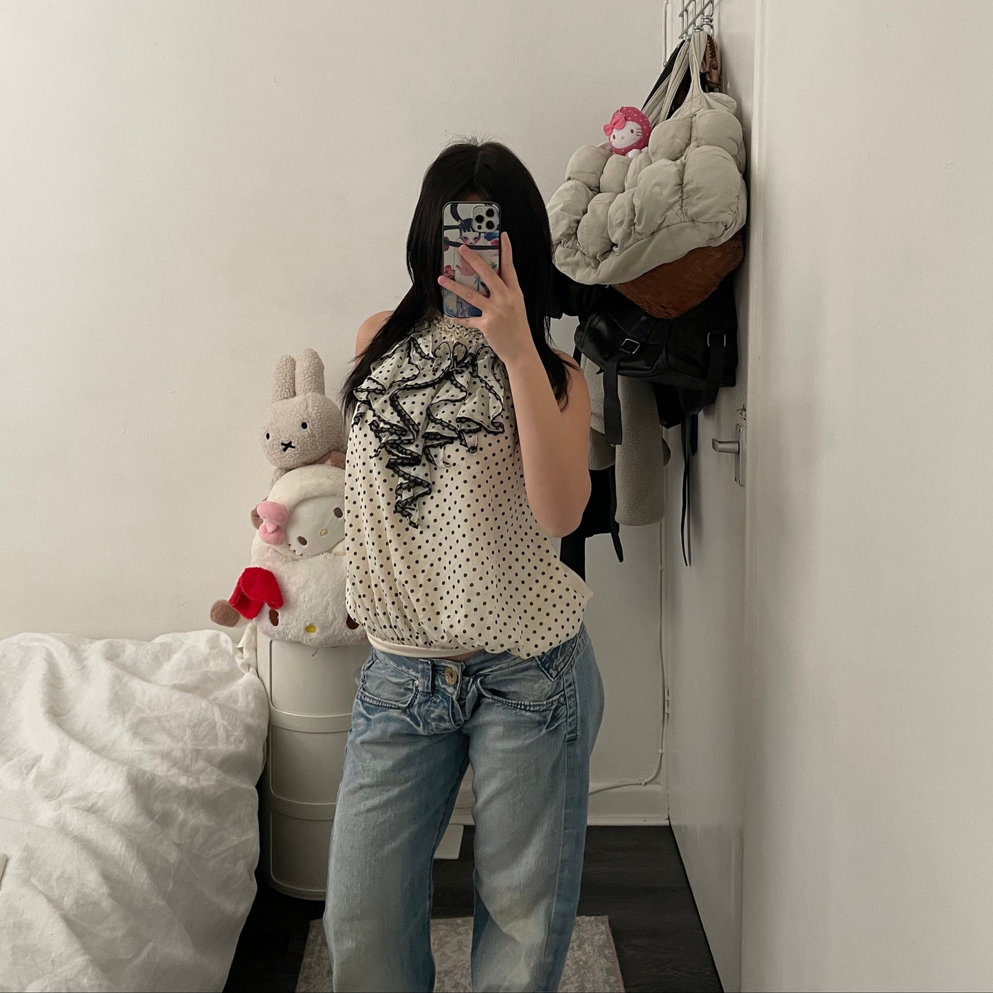 axes femmes cream polka dot ruffle collar blouson vest top