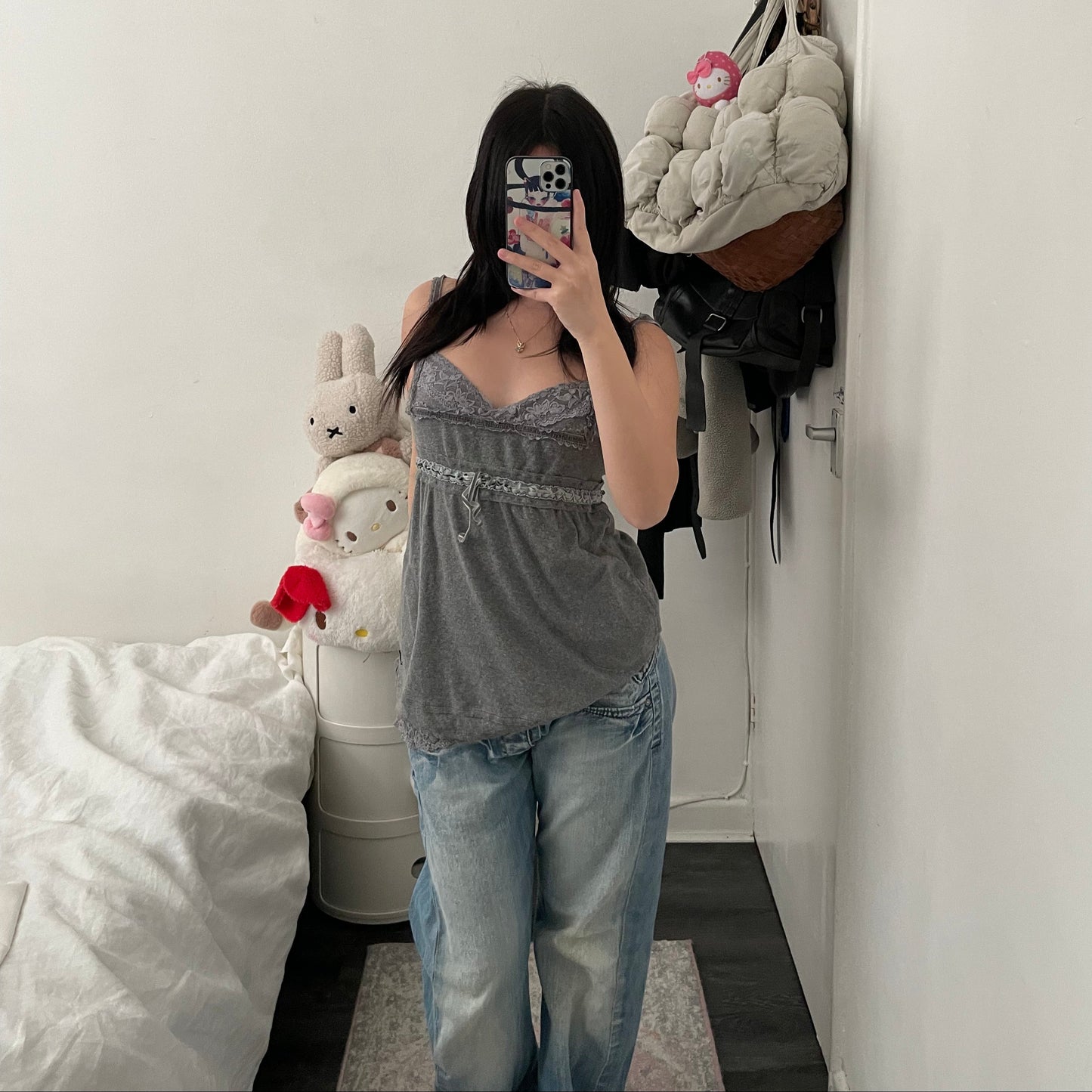 grey rifle lacey babydoll camisole with ribbon bow detail