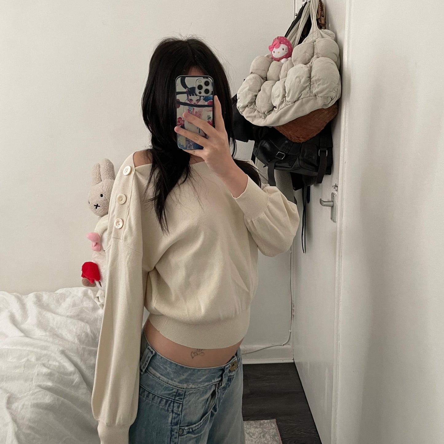 jill stuart off white ivory utility button shoulder wide neck jumper