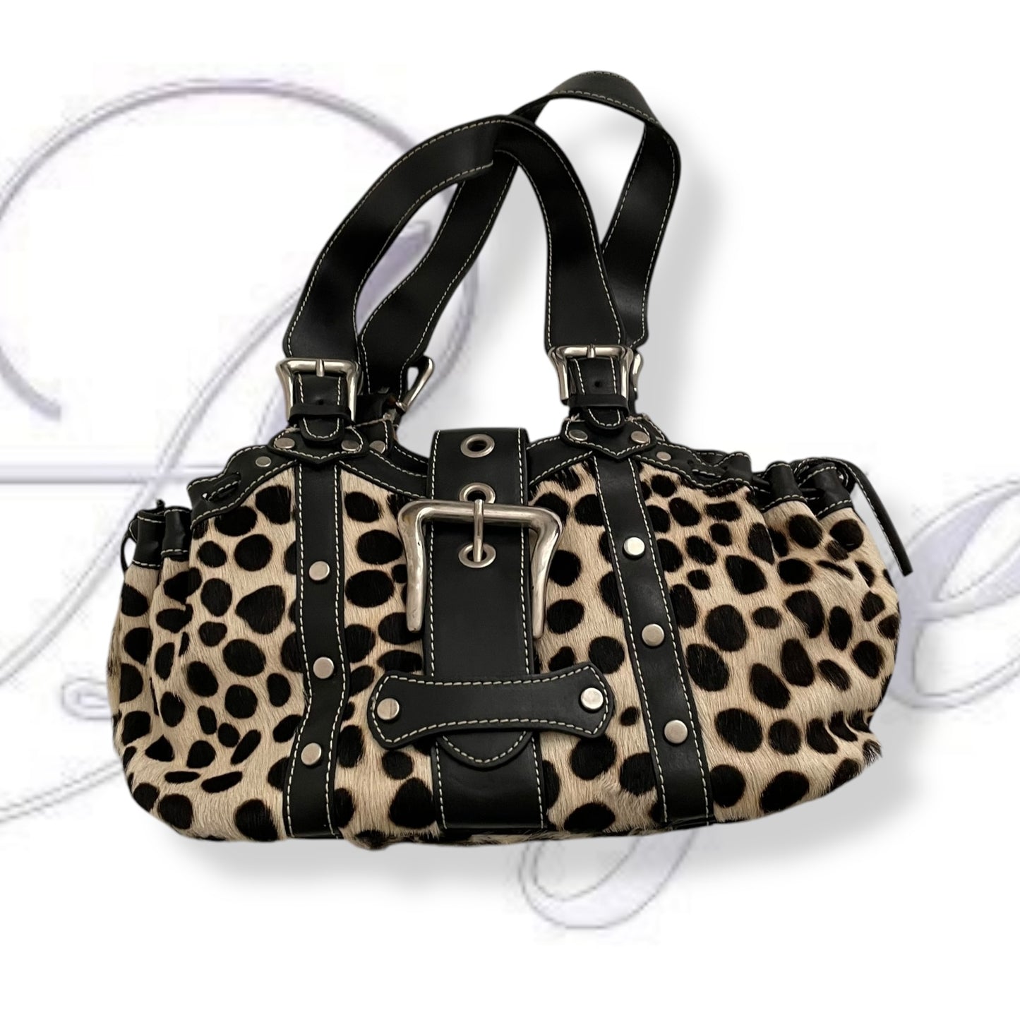 vintage gaia's leather pony hair dalmatian print shoulder bag with buckle detail