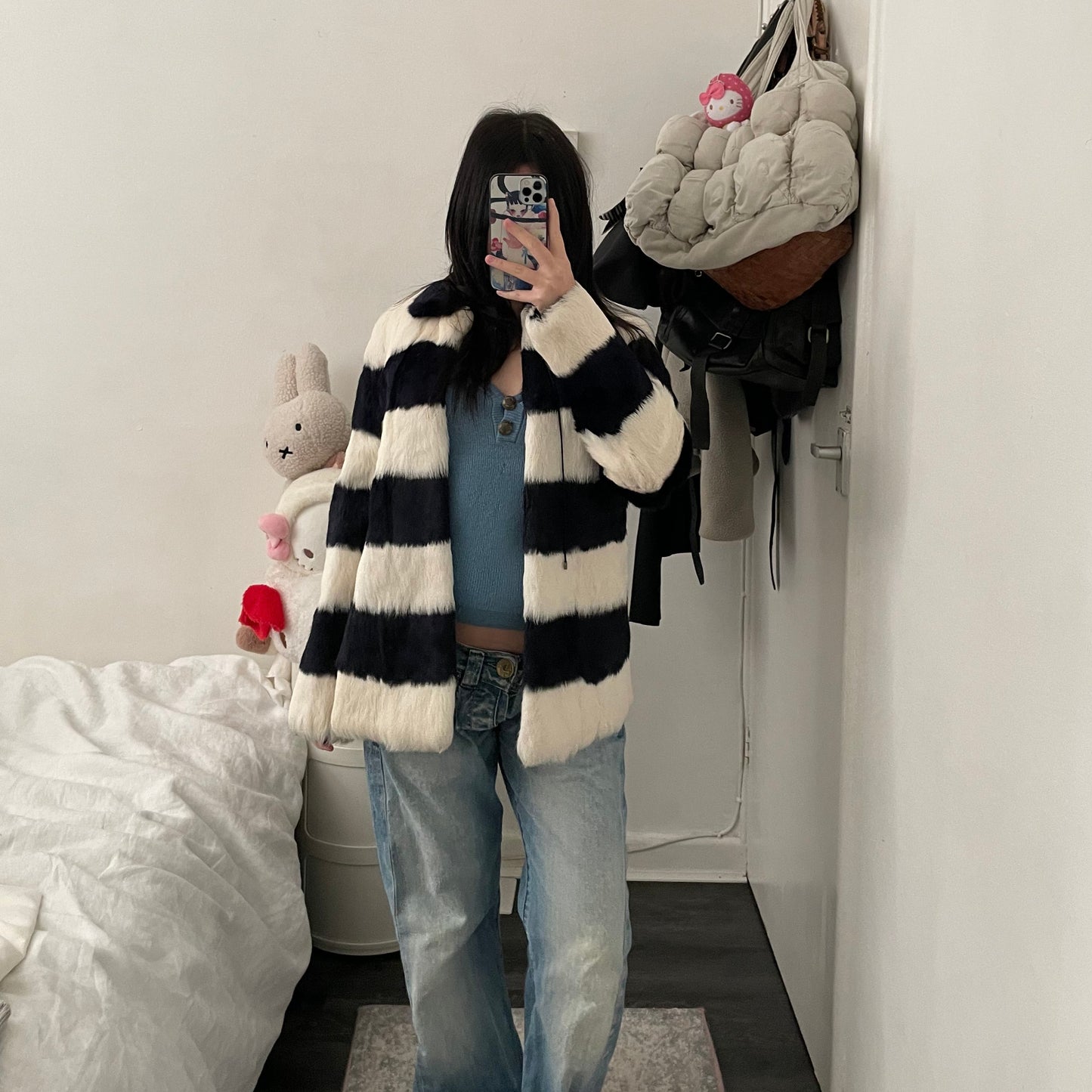 bape bapy tall line black white striped rabbit fur reversible jacket