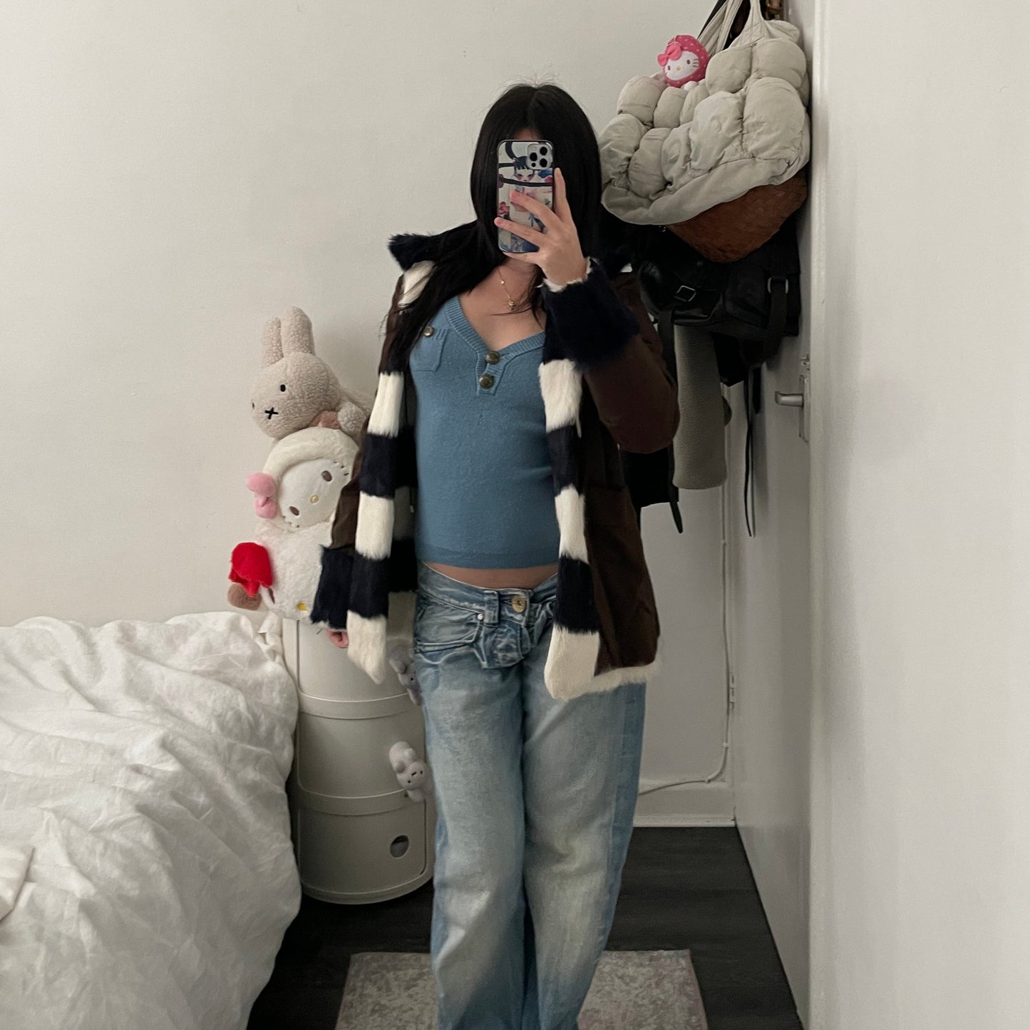 bape bapy tall line black white striped rabbit fur reversible jacket