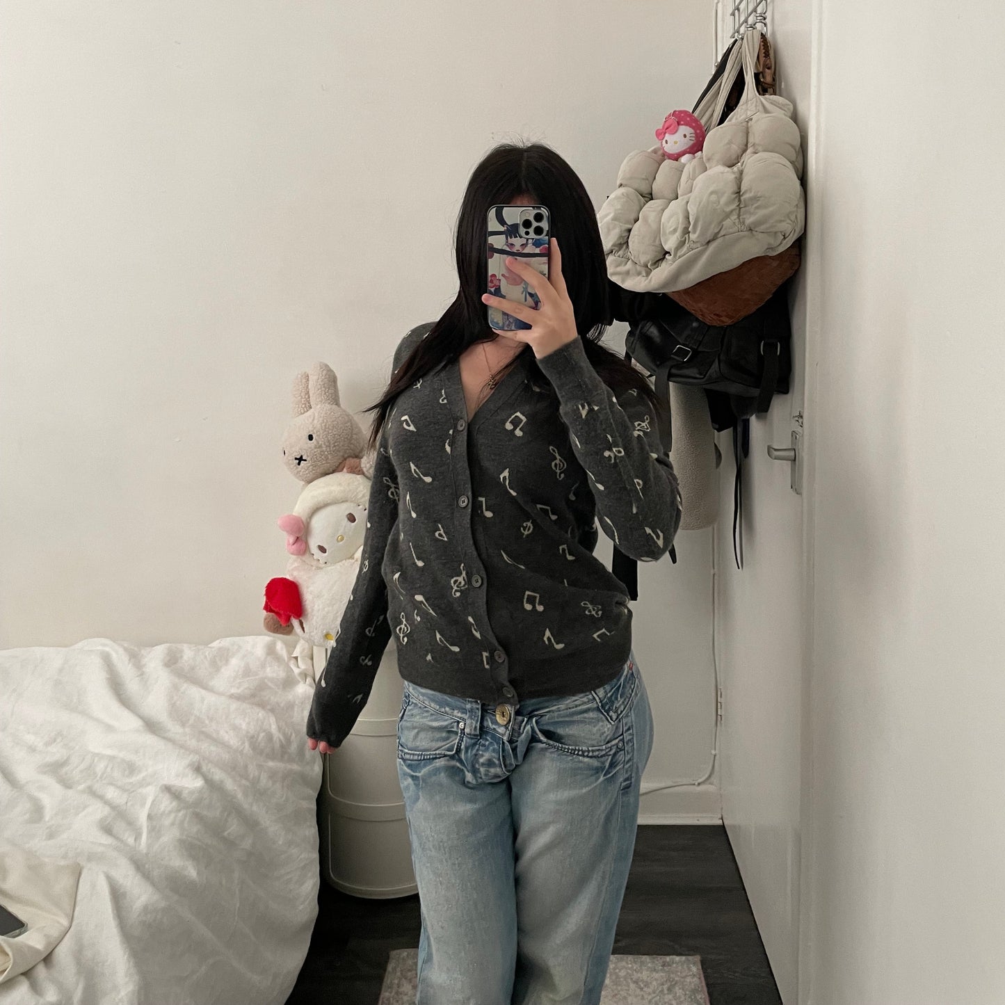 grey hysteric glamour thee hysteric xxx musical note print long sleeve cardigan
