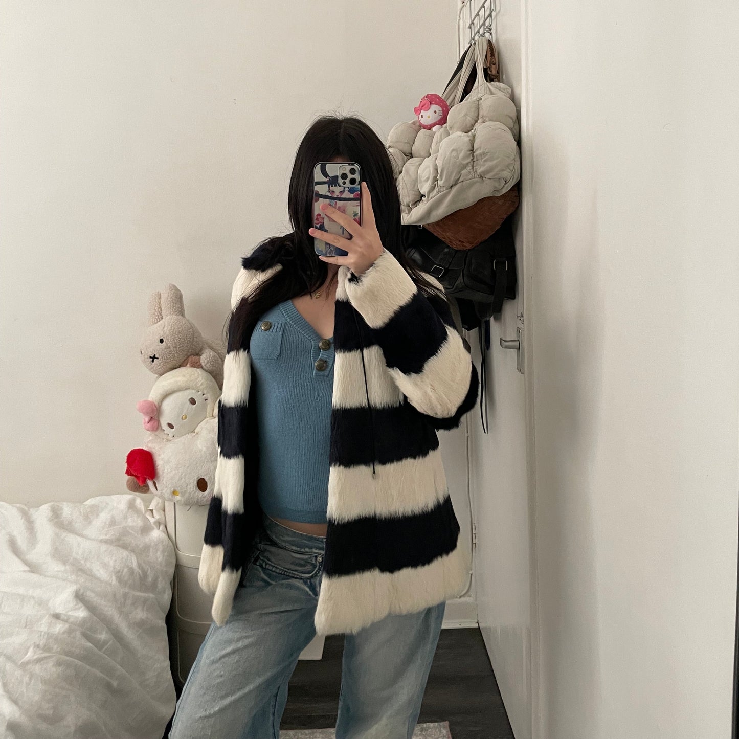 bape bapy tall line black white striped rabbit fur reversible jacket