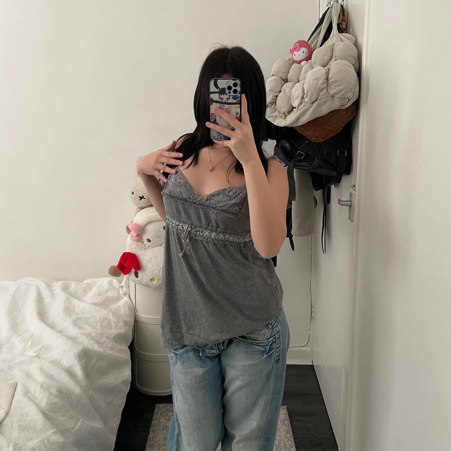grey rifle lacey babydoll camisole with ribbon bow detail