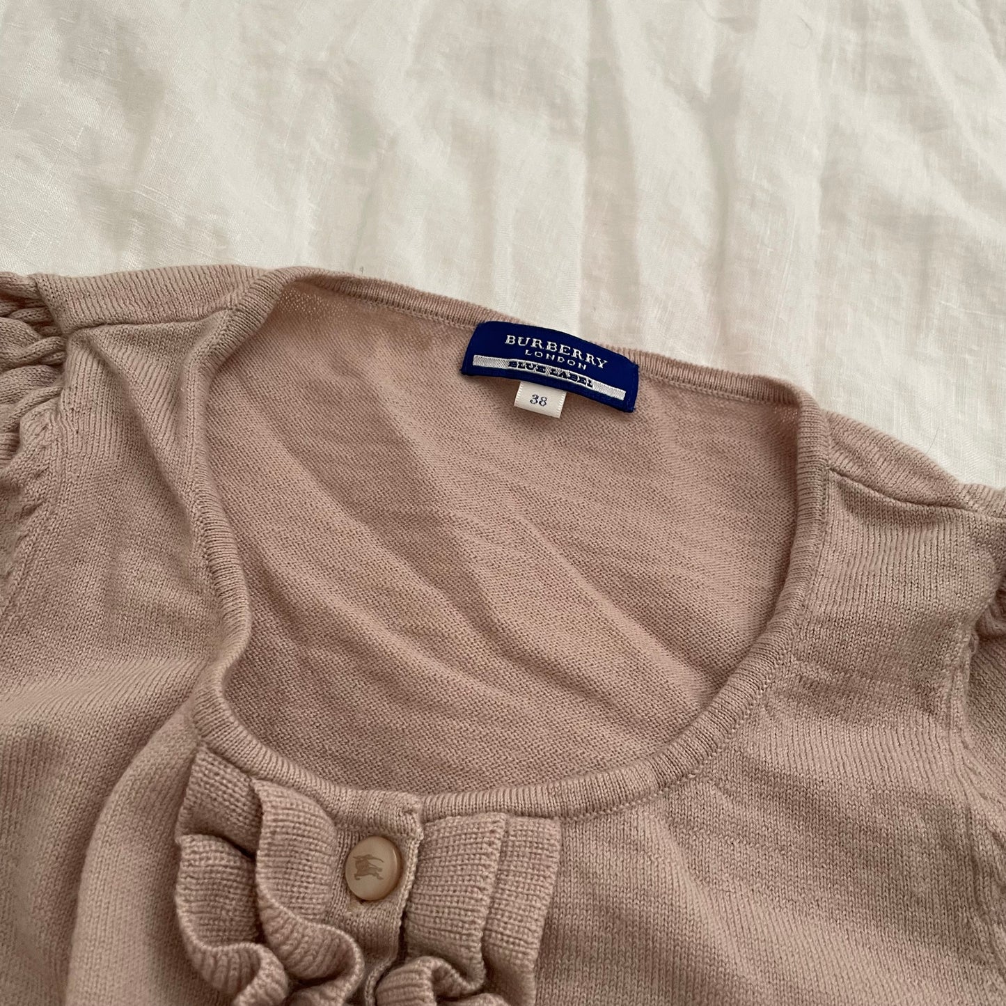 burberry blue label beige frilly ruffle long sleeve wool knit top