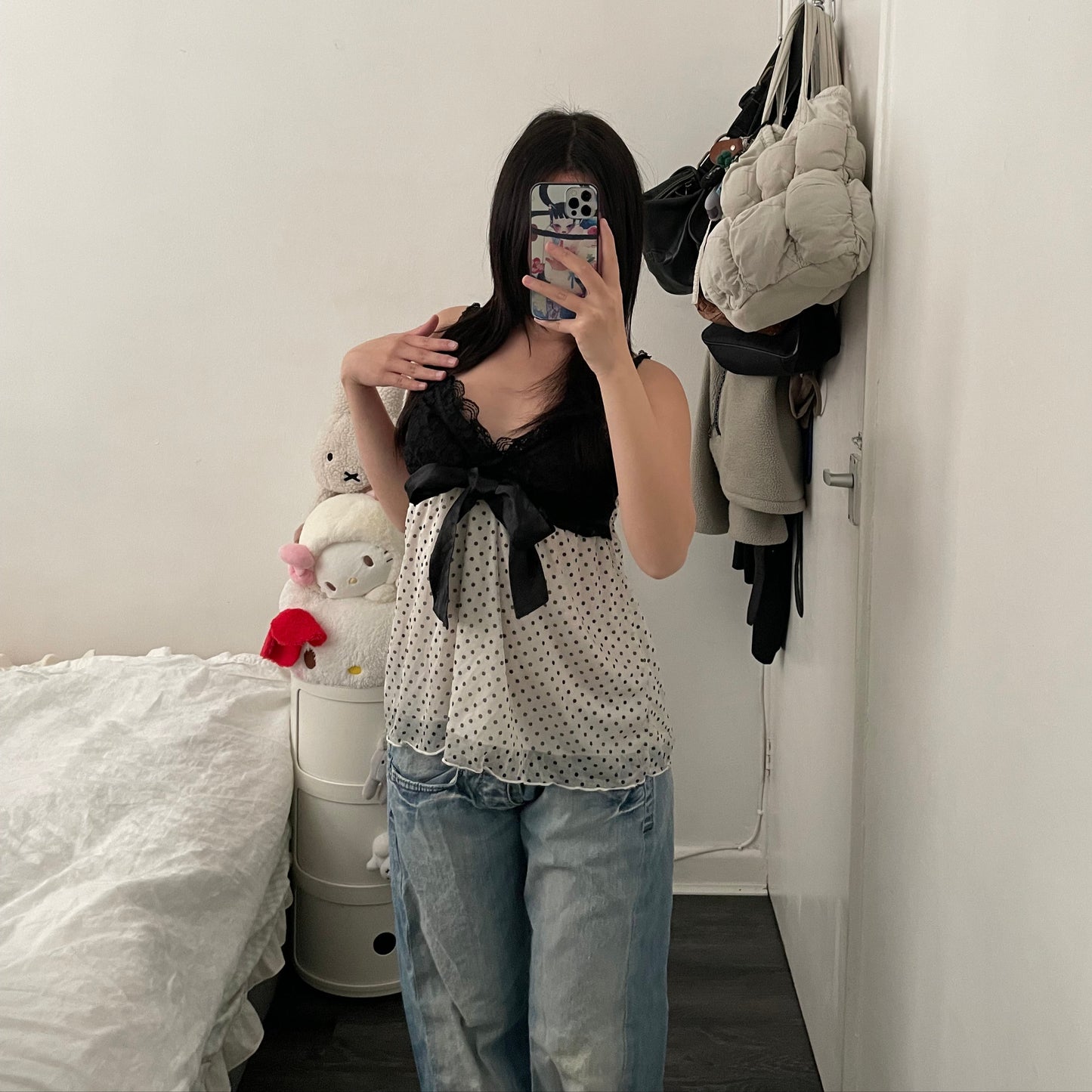 d&s white black polka dot lacey bustier babydoll camisole