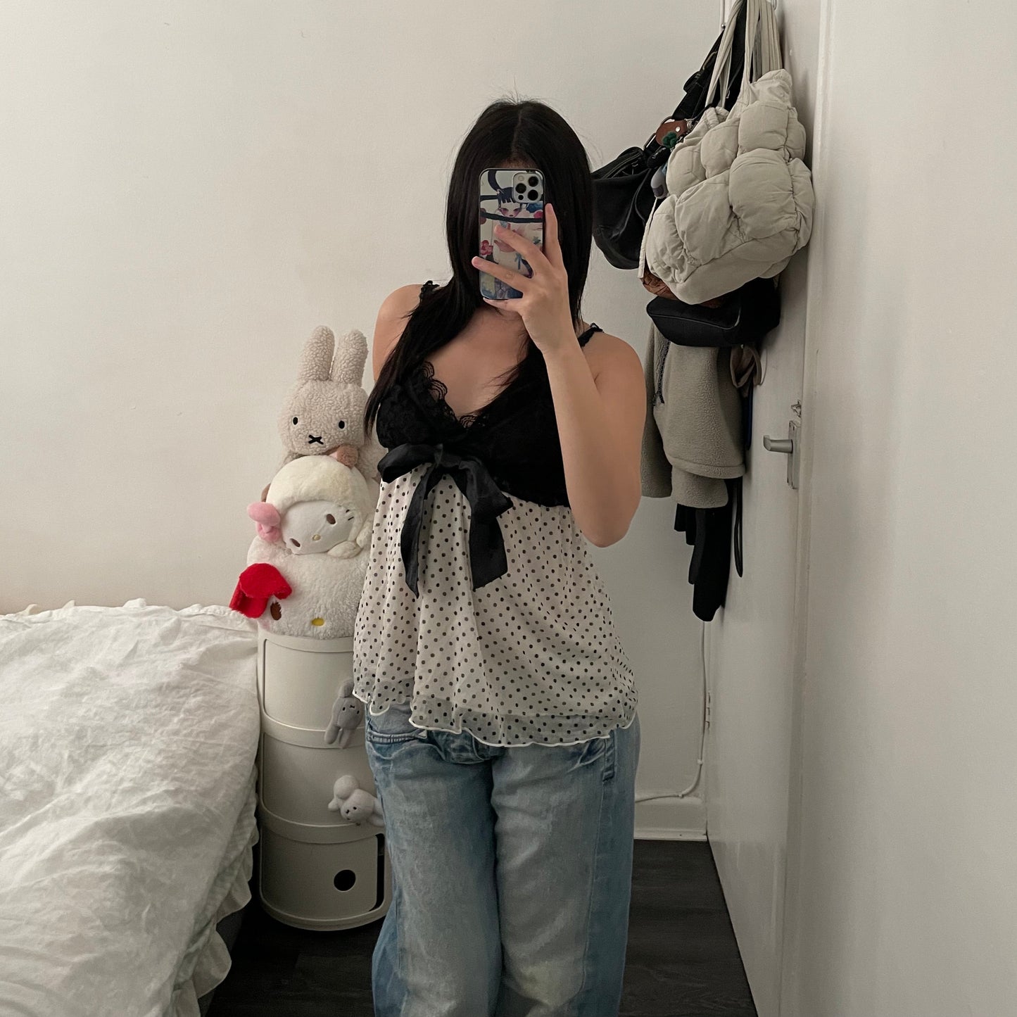 d&s white black polka dot lacey bustier babydoll camisole