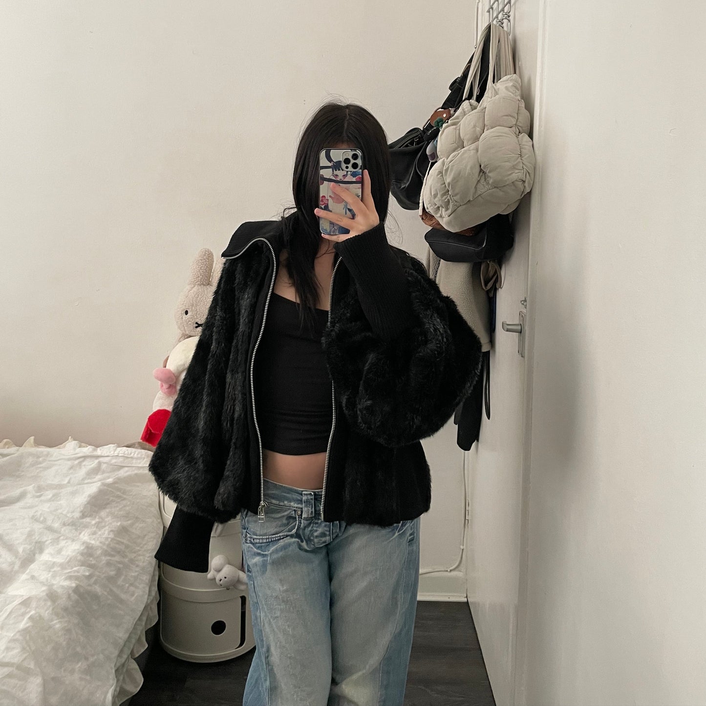 zucca black grey striped oversized batwing fur jacket