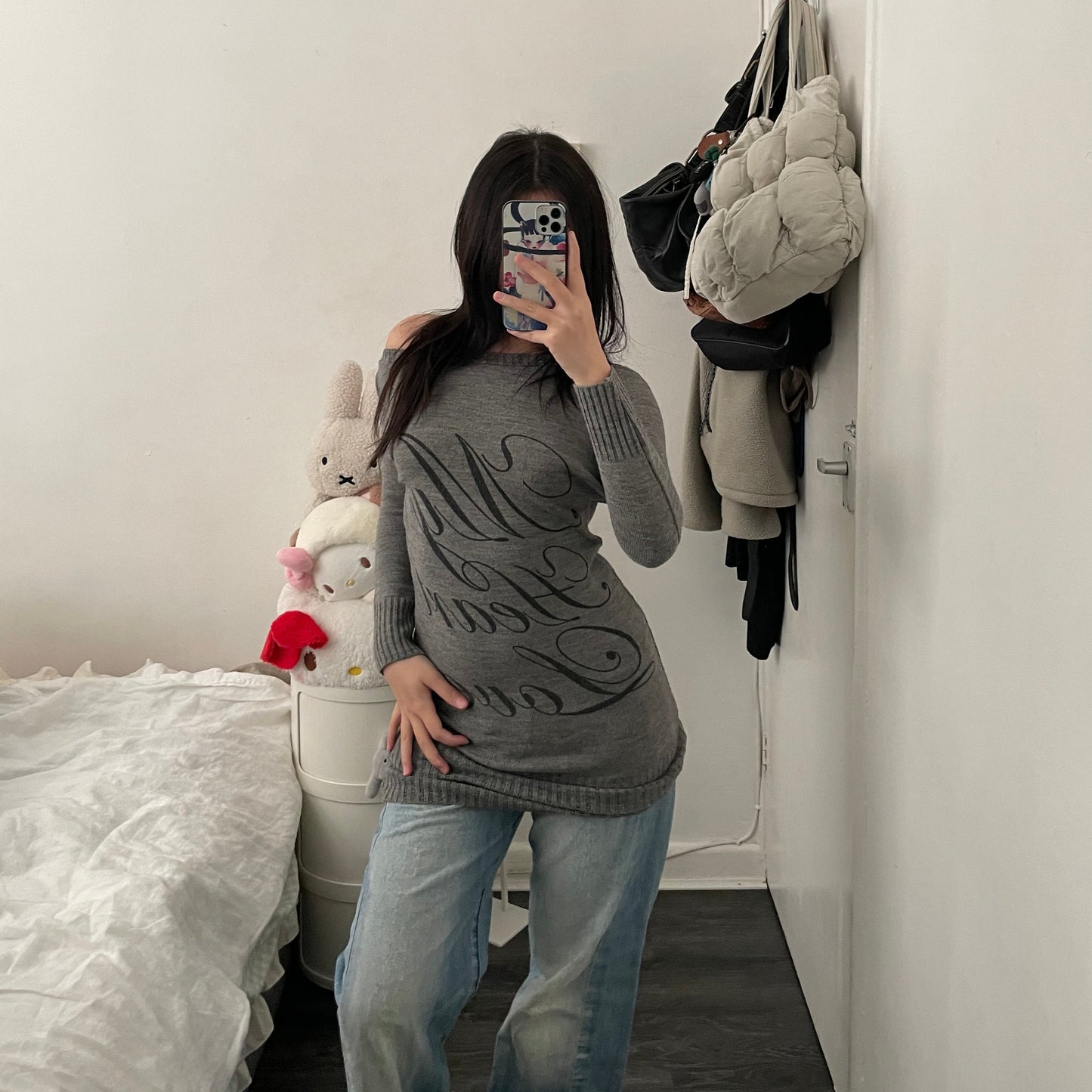 jane norman grey long sweater dress with italic text