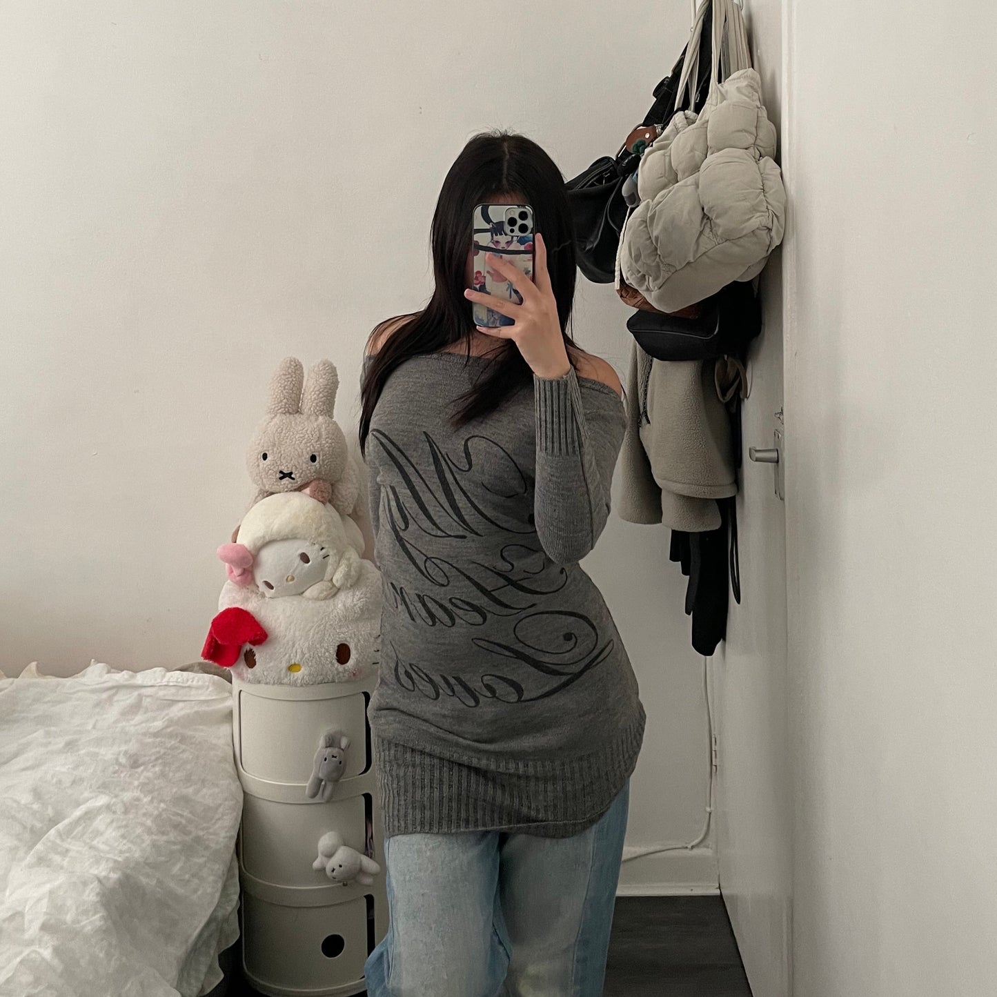 jane norman grey long sweater dress with italic text