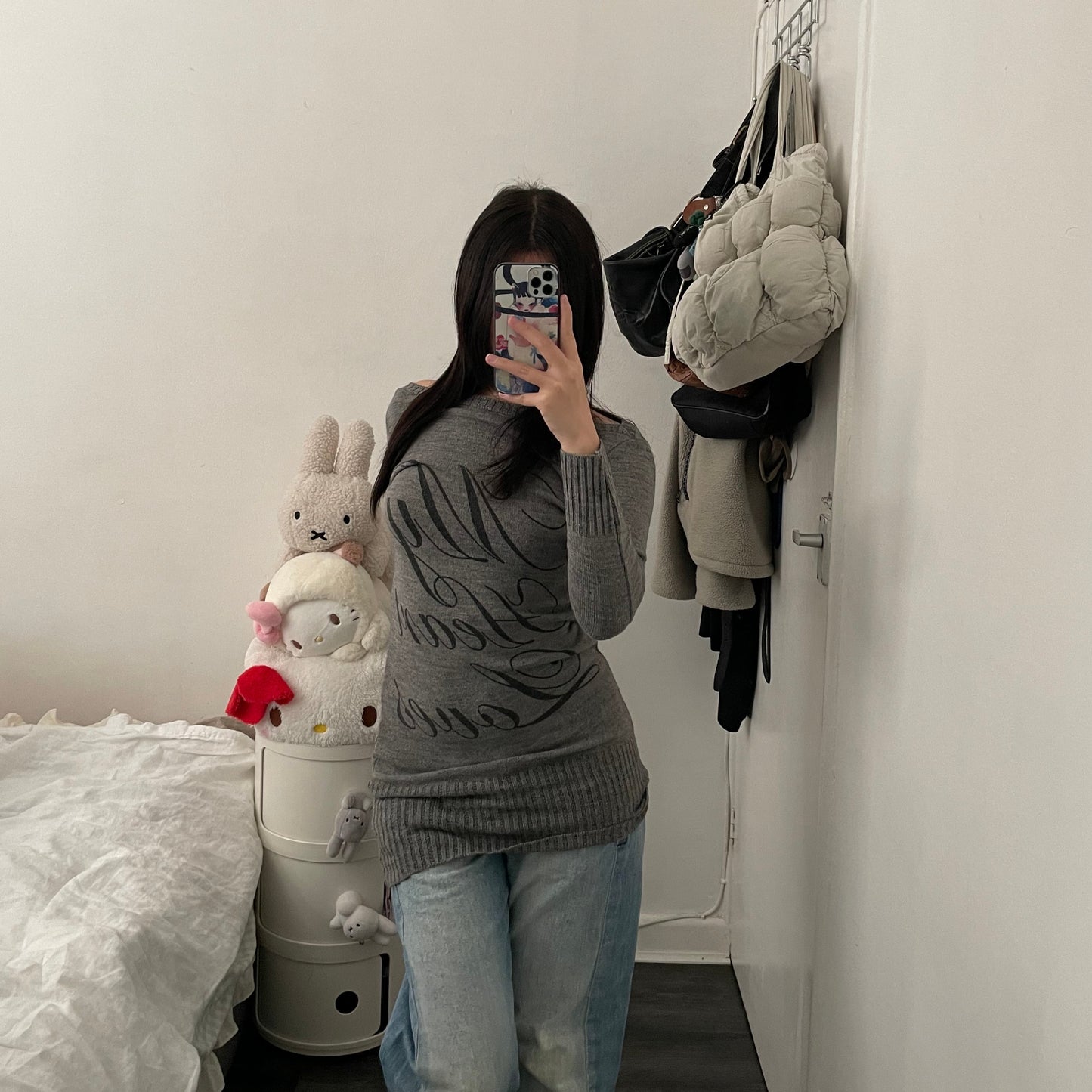 jane norman grey long sweater dress with italic text