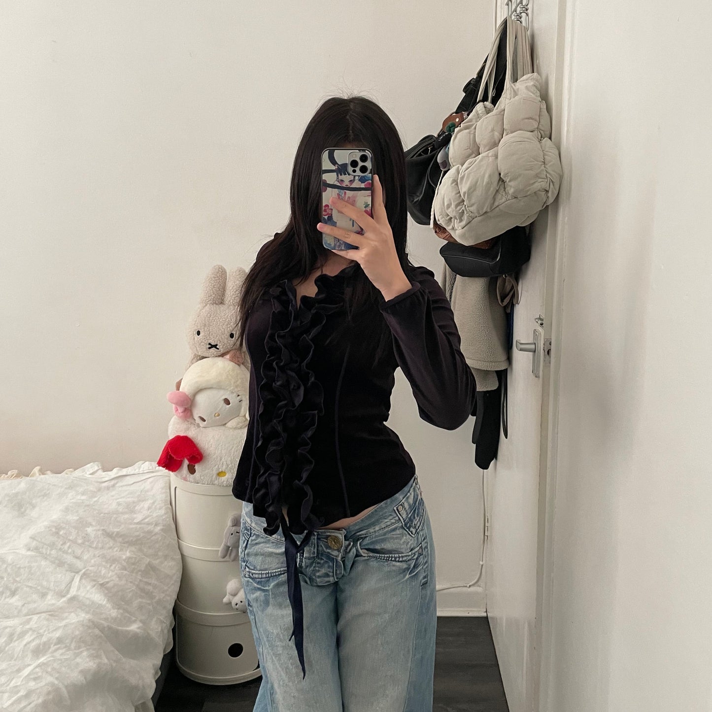 naracamicie dark purple velvet long sleeve ruffle blouson top