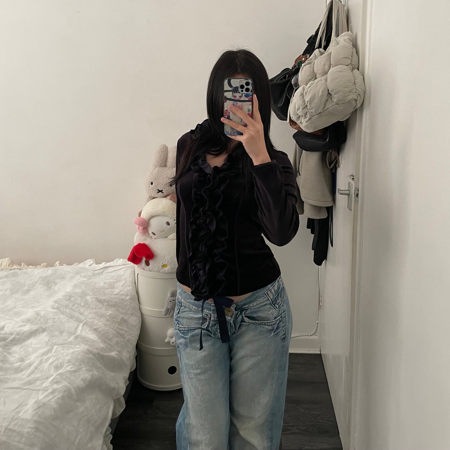 naracamicie dark purple velvet long sleeve ruffle blouson top