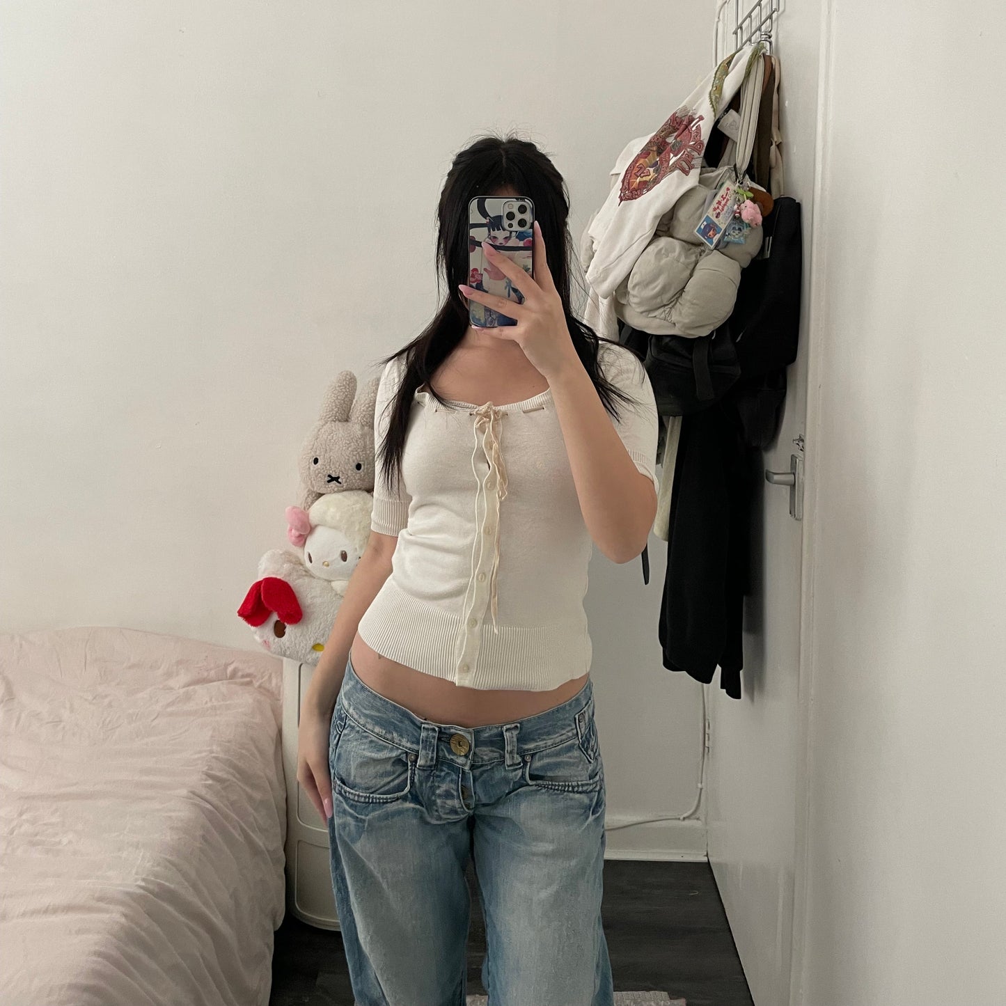 jill stuart white half sleeve round neck cardigan