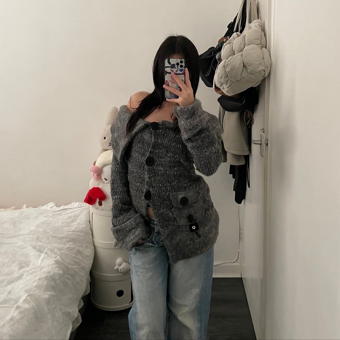 zone bleue grey fluffy knit wide collar asymmetric cardigan jacket