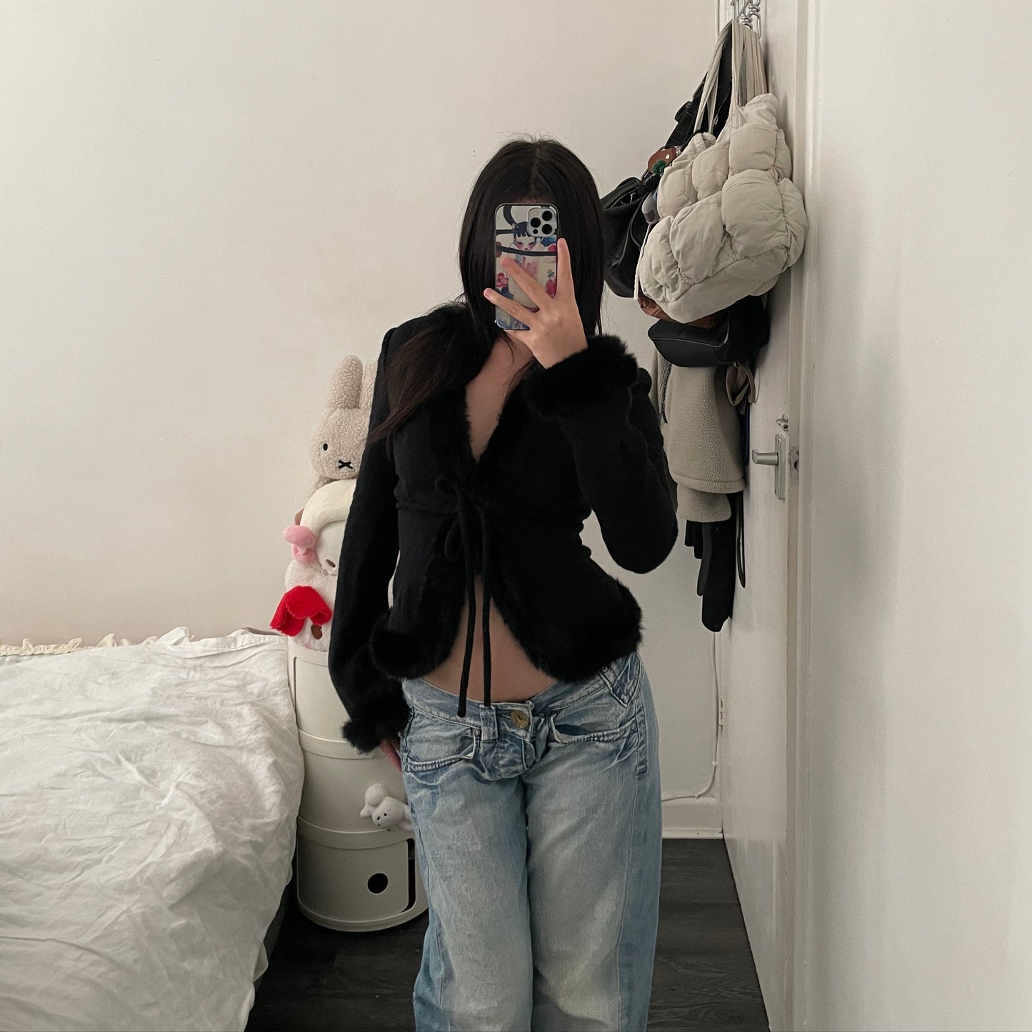 cecil mcbee vintage black rabbit fur x wool fitted cardigan jacket