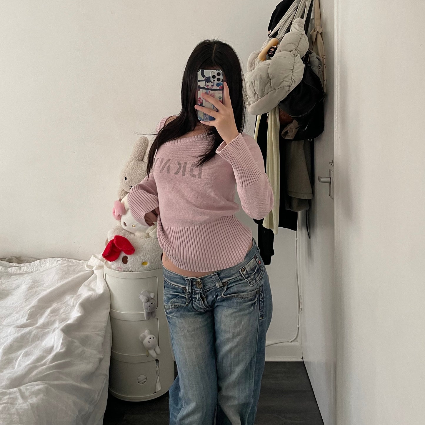 dkny baby pink long sleeve cinched hem ribbed knit top