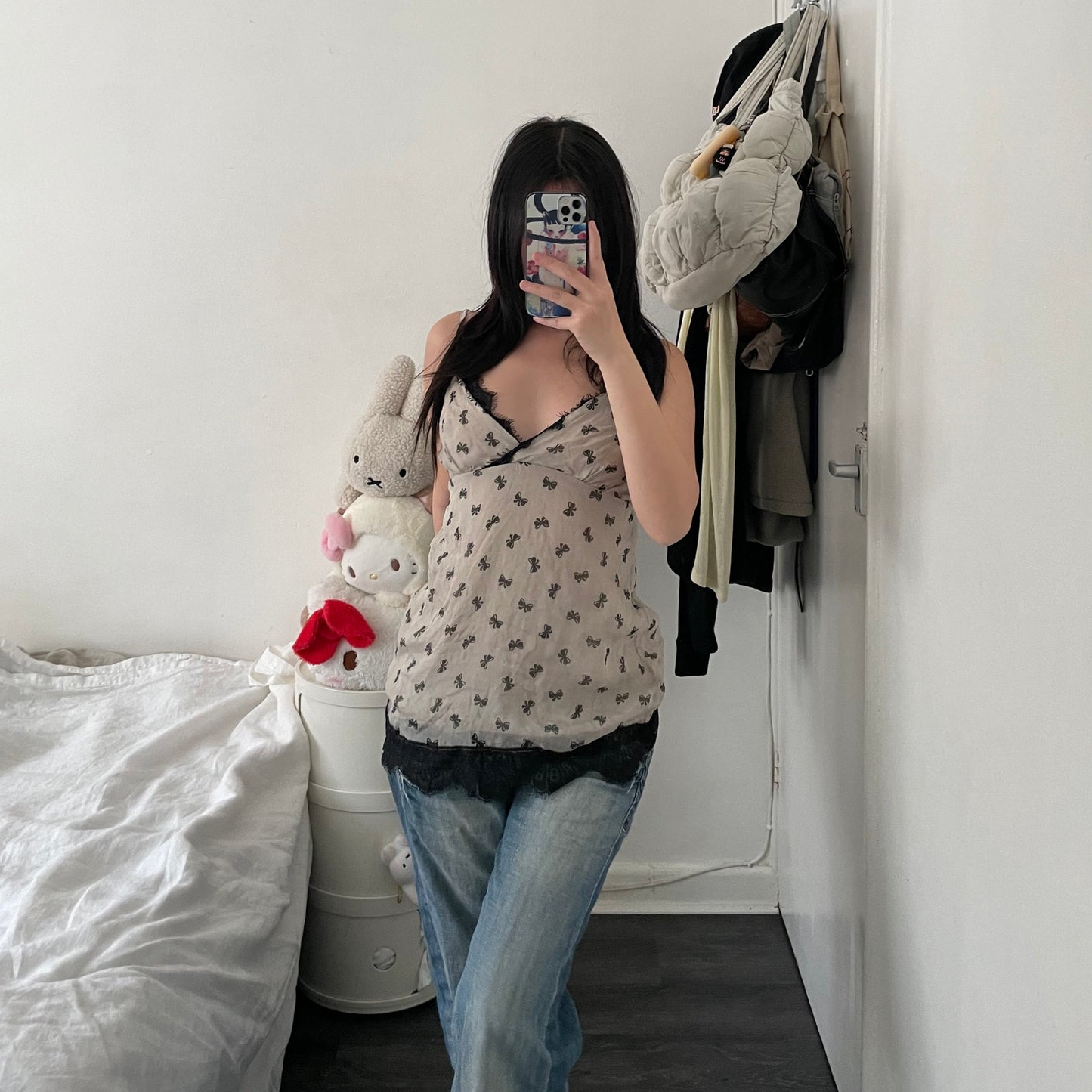 greige king kong ribbon bow print silk camisole