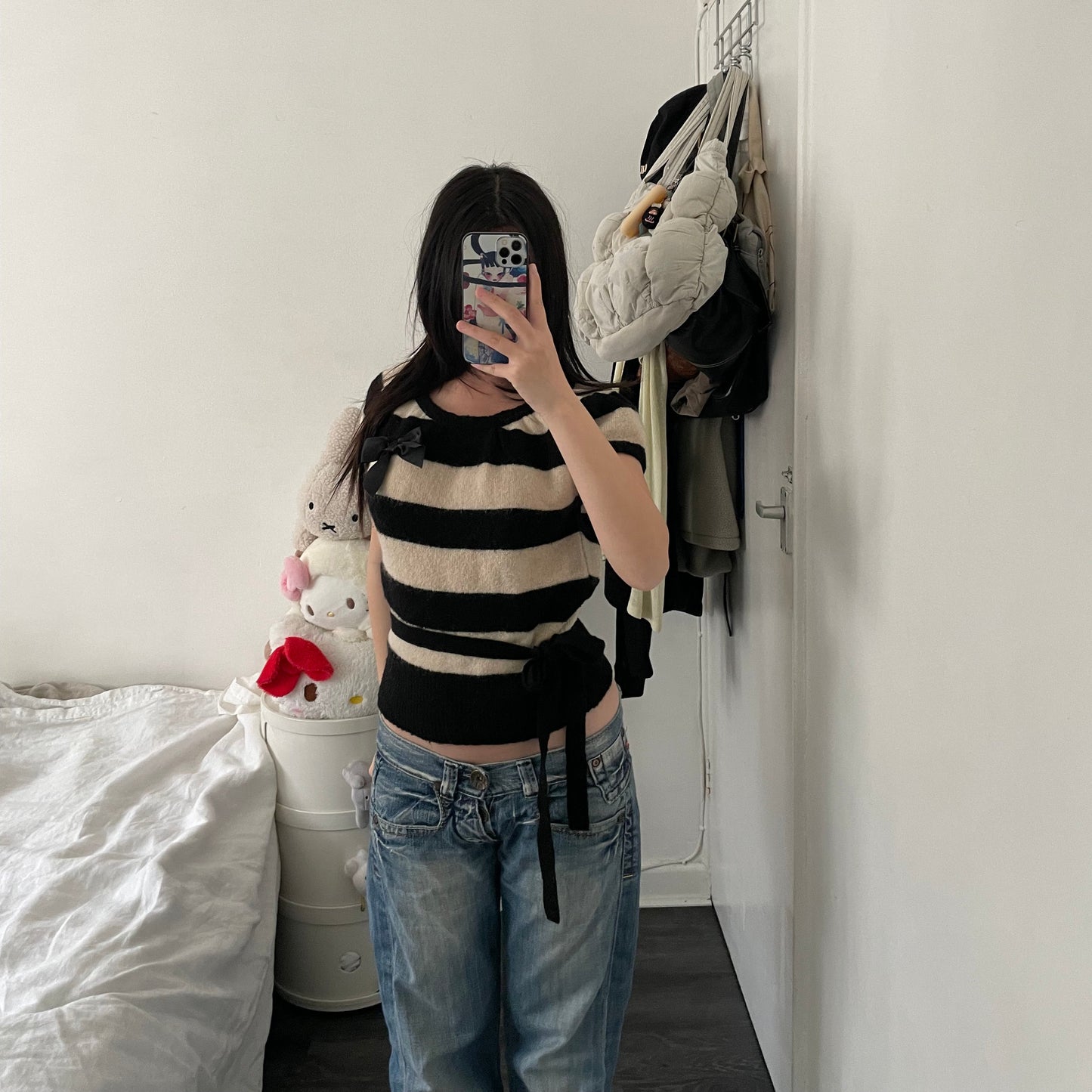 fornarina mohair blend white black puff sleeve knit