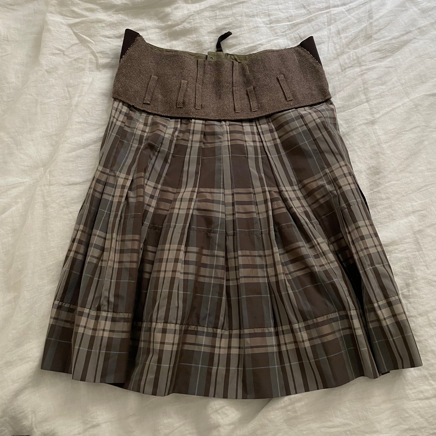 marithe francois girbaud brown drop waist check midi skirt