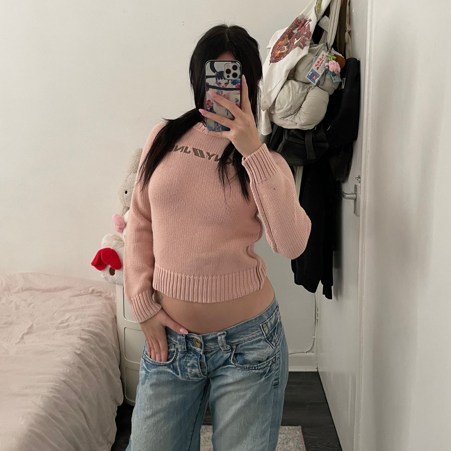 dkny preppy baby pink sporty cropped fitted sweater with khaki trim