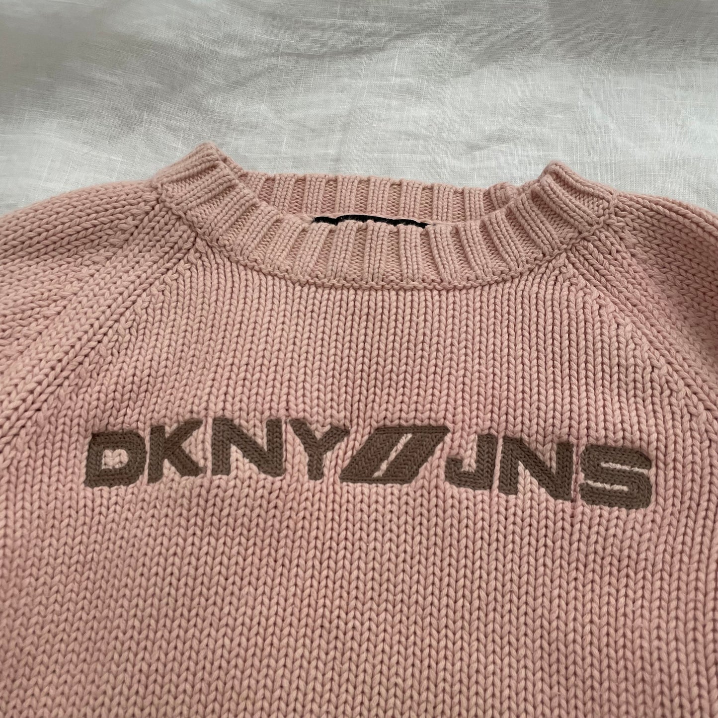 dkny preppy baby pink sporty cropped fitted sweater with khaki trim