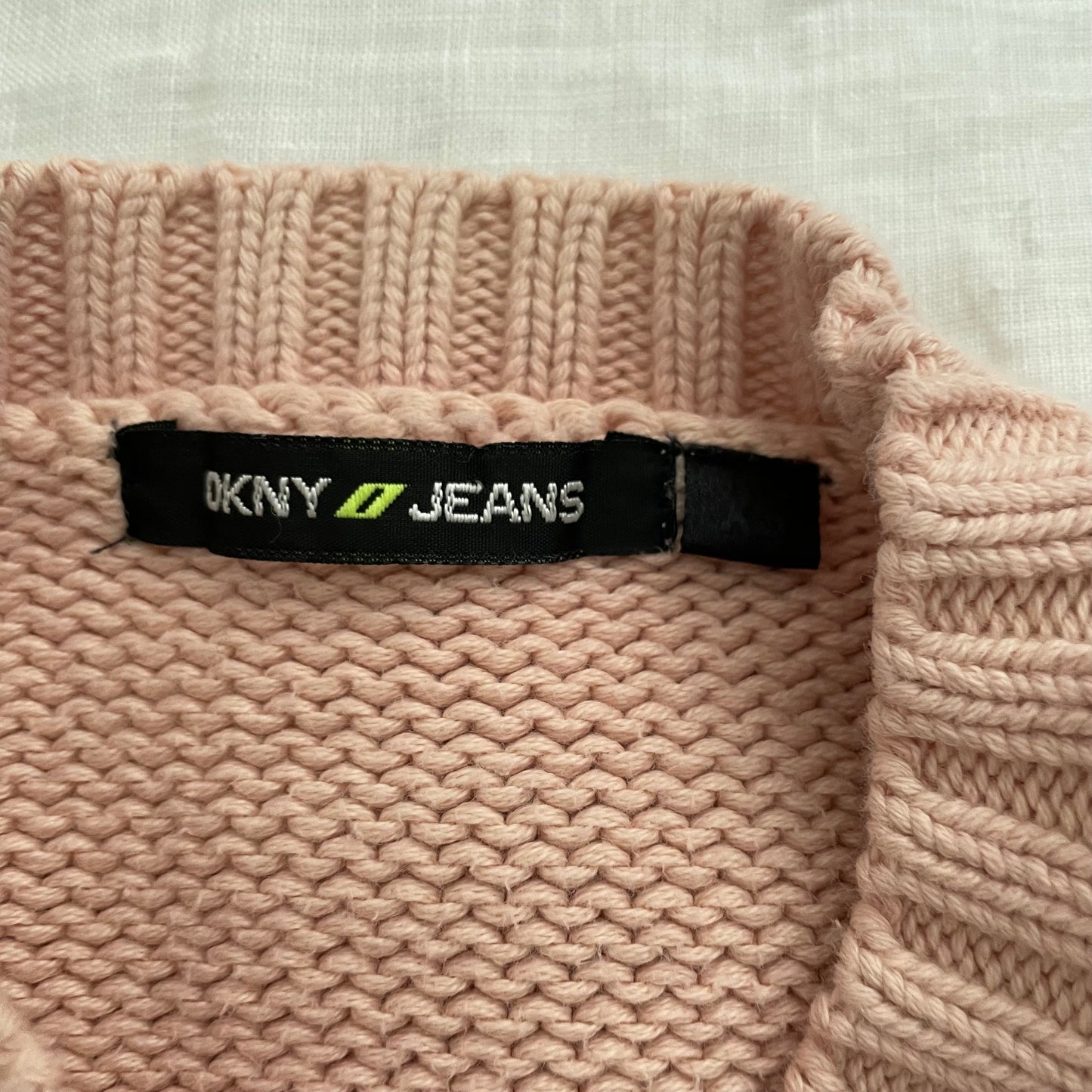 dkny preppy baby pink sporty cropped fitted sweater with khaki trim