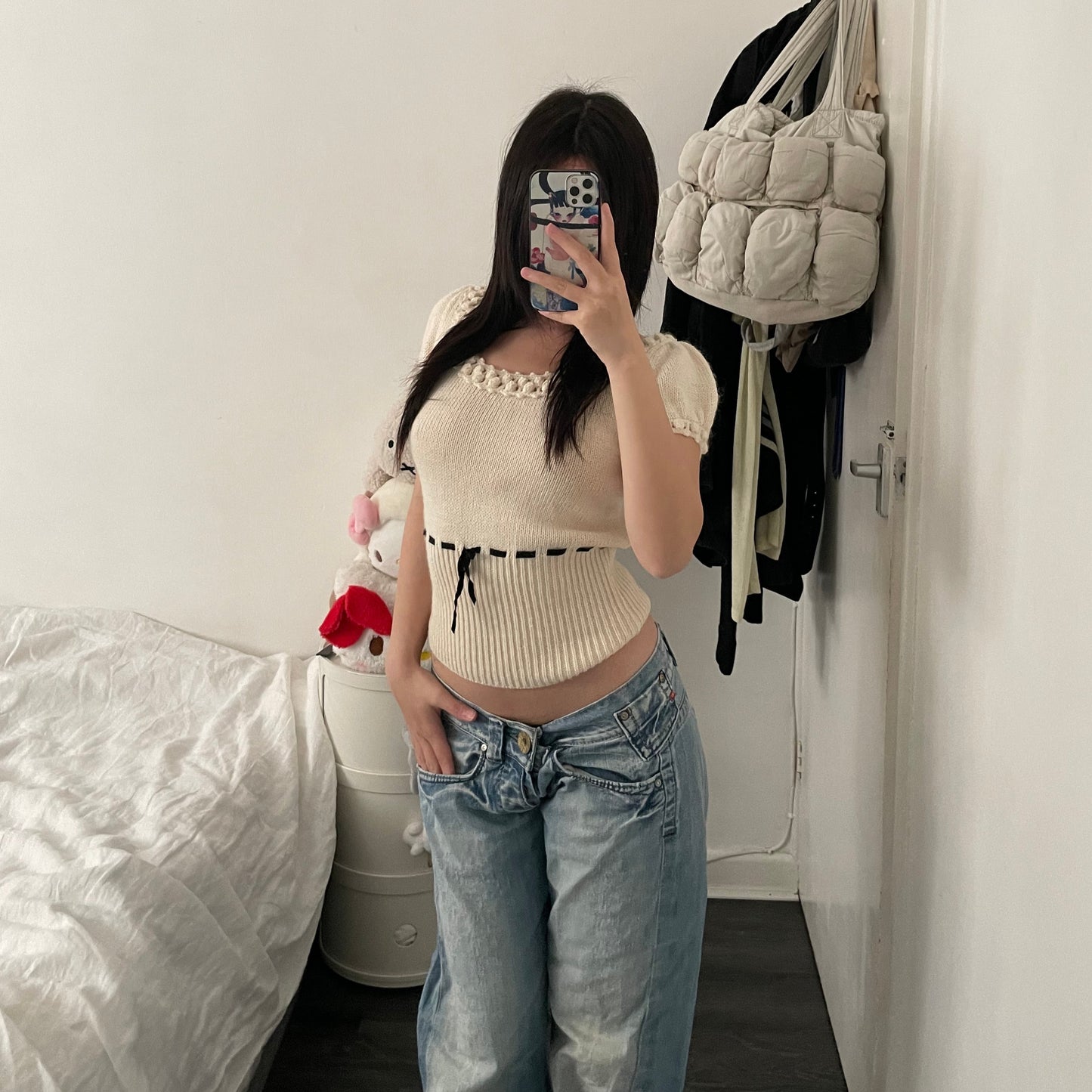 prideglide cream puff sleeve mohair blend knit top with black ribbon waist detail