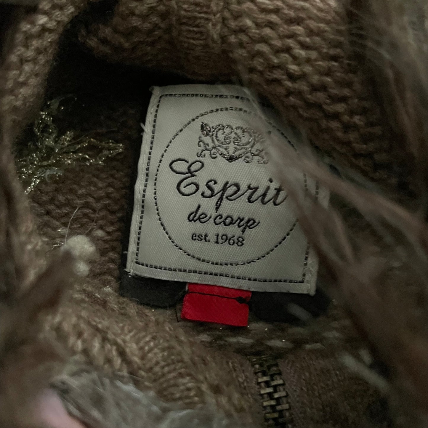 espirit brown x white winter print wool knit jacket with fur trim collar hood