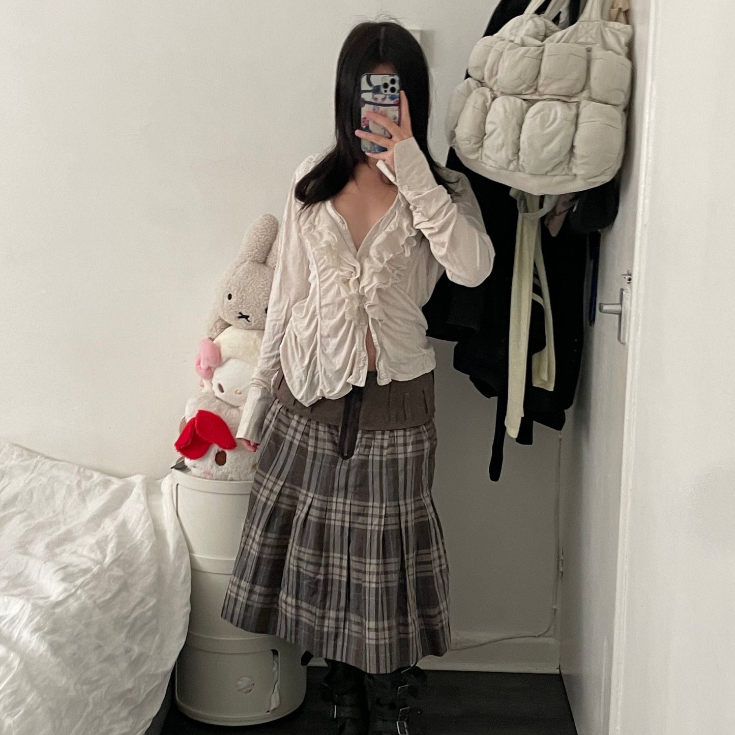 marithe francois girbaud brown drop waist check midi skirt
