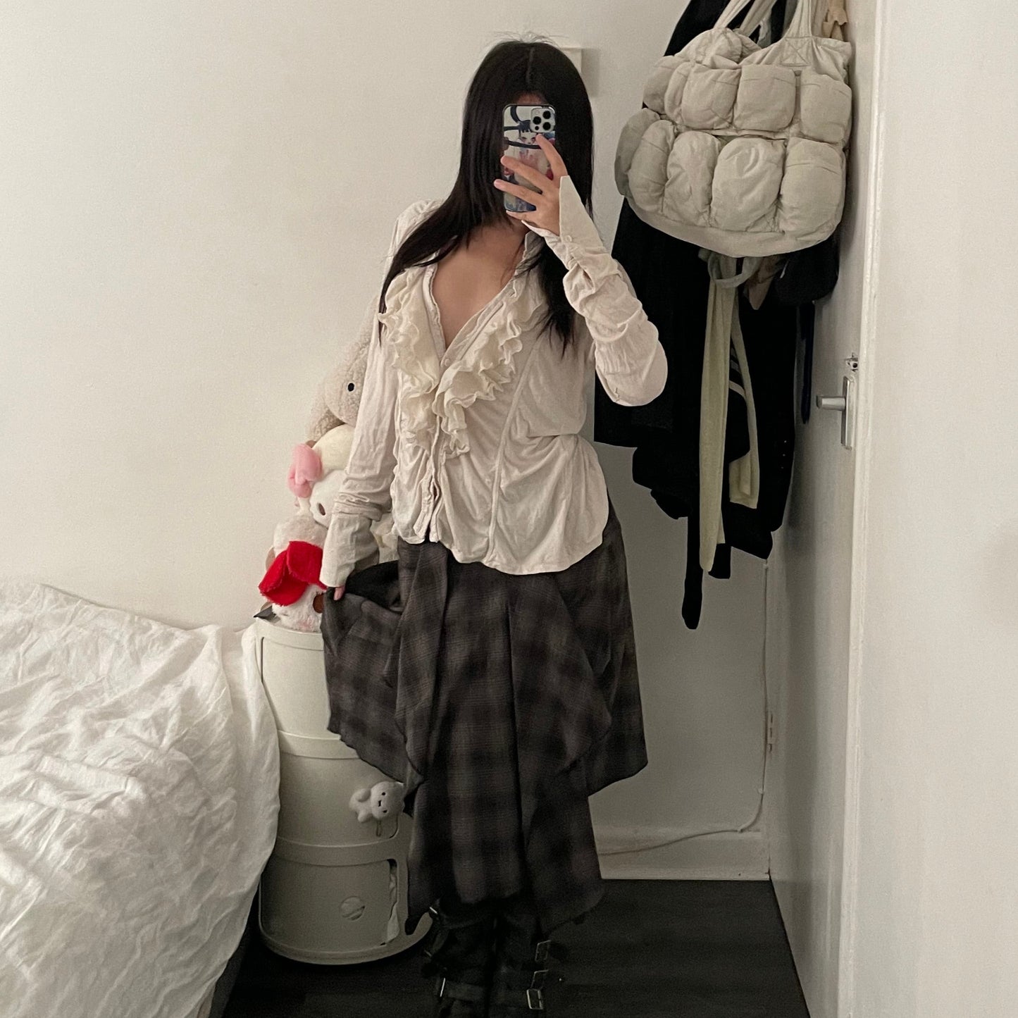 xanaka brown check asymmetric midi skirt