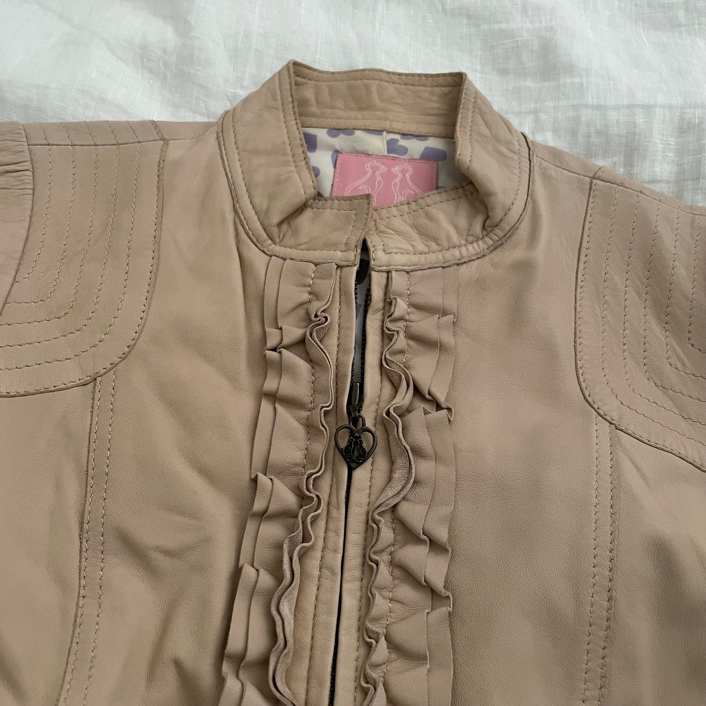 beige vintage rebecca taylor sheepskin leather ruffle jacket