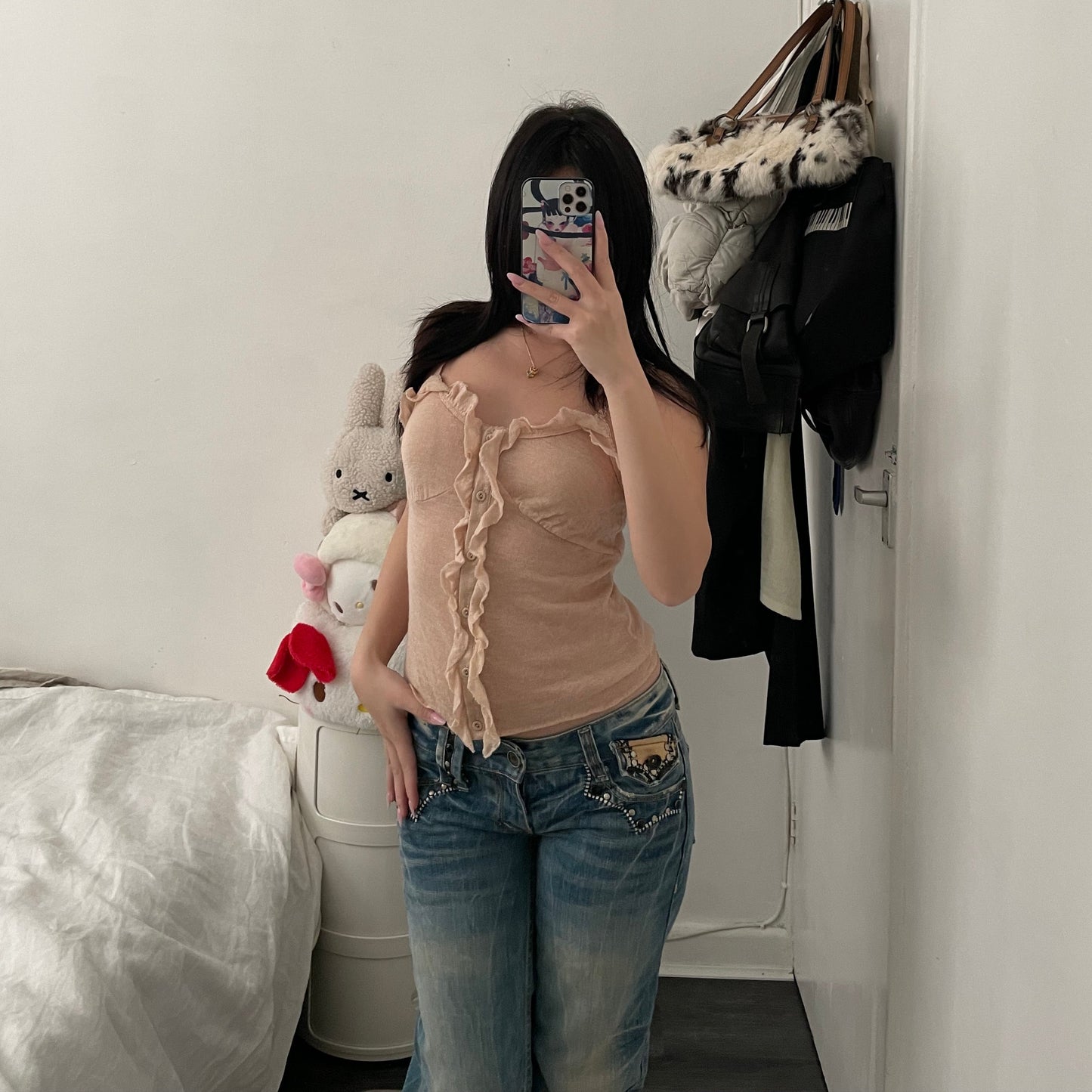 madame a paris peachy beige soft knit ruffle bustier camisole