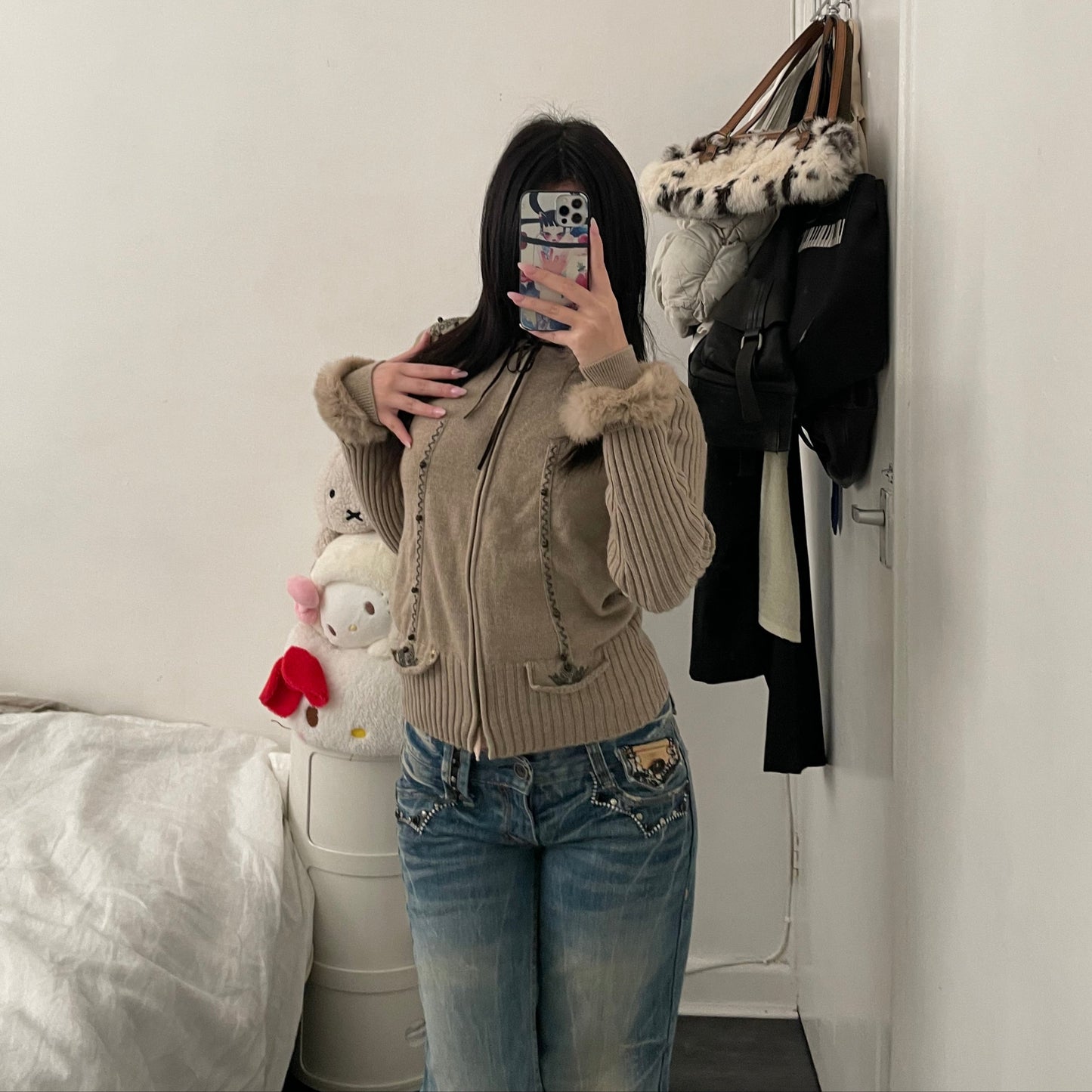 ivisuto beige brown rabbit fur collar embroidery wool knit cardigan jacket