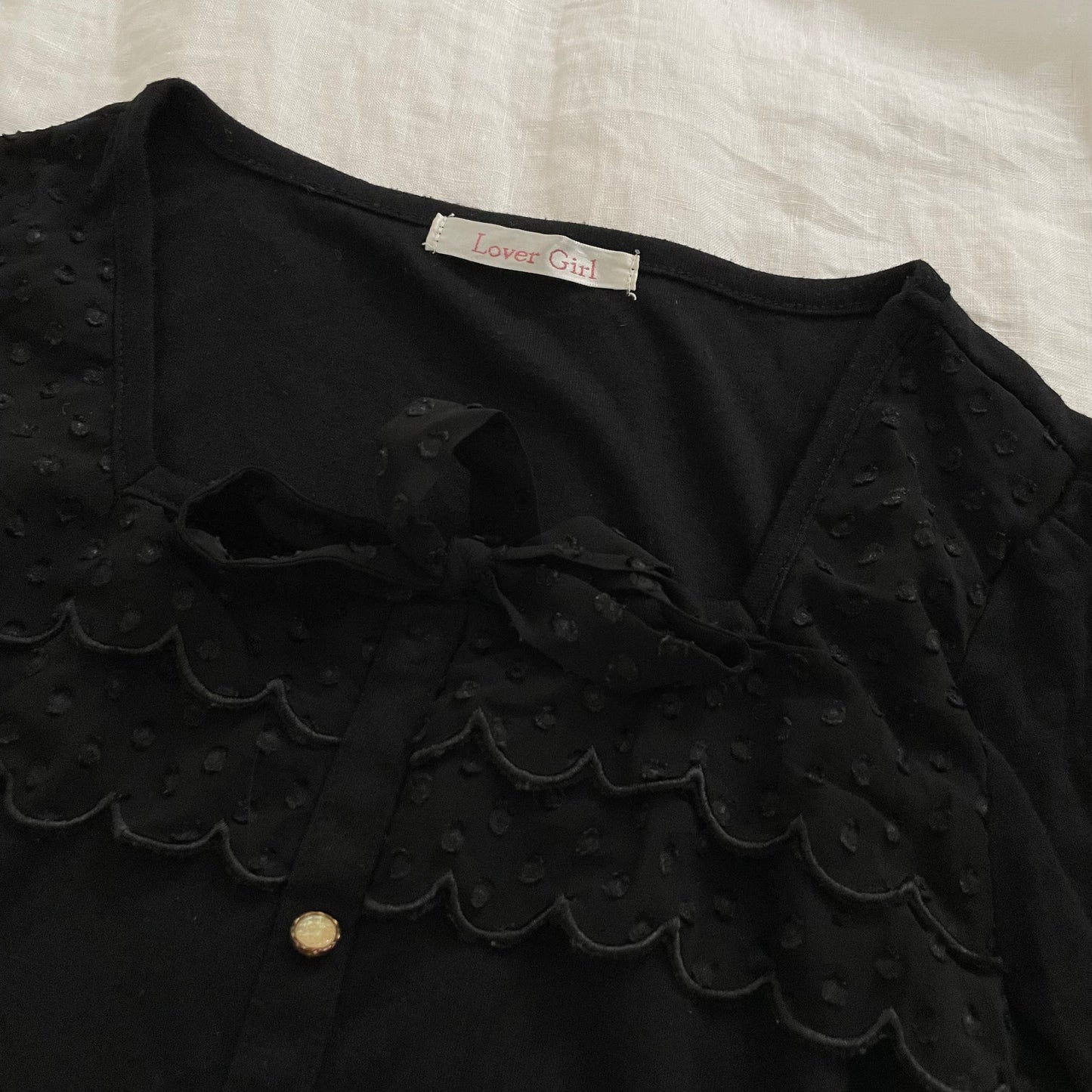 lover girl ruffle collar long sleeve neckline ribbon detail faux button top