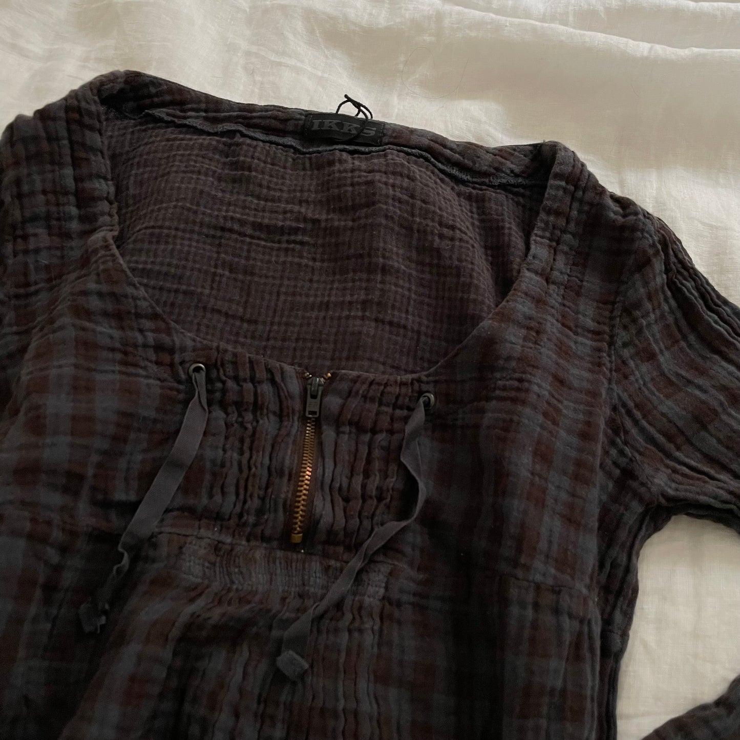 ikks blue brown plaid babydoll 3/4 sleeves pleated tunic blouse