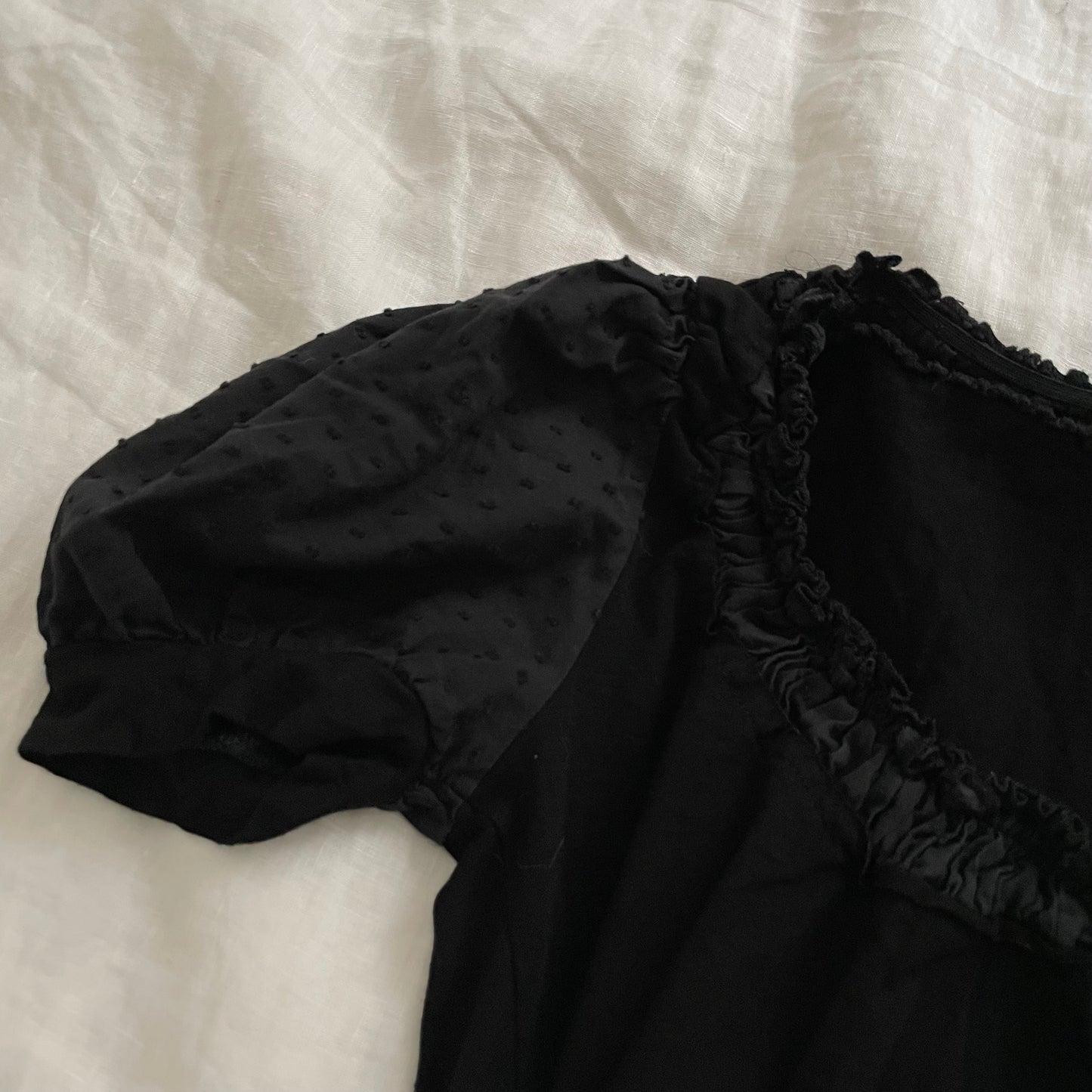 black morgan de toi dotted puff sleeve shirt with ruched neckline