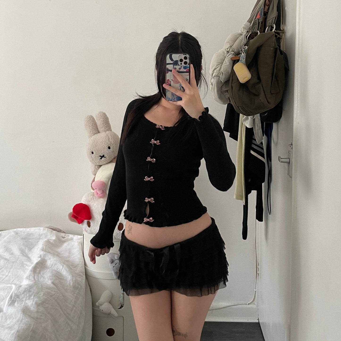 prideglide black cardigan with pink velor contrast bow charms