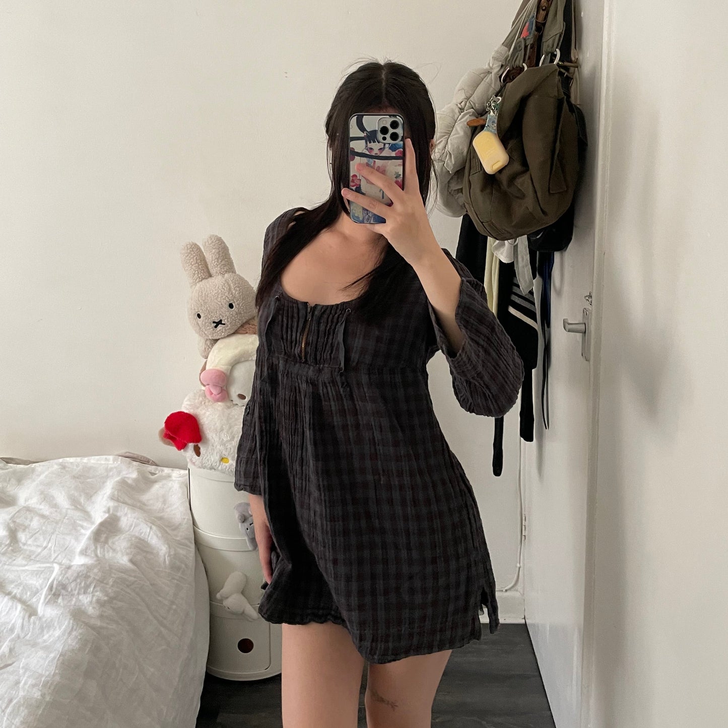 ikks blue brown plaid babydoll 3/4 sleeves pleated tunic blouse