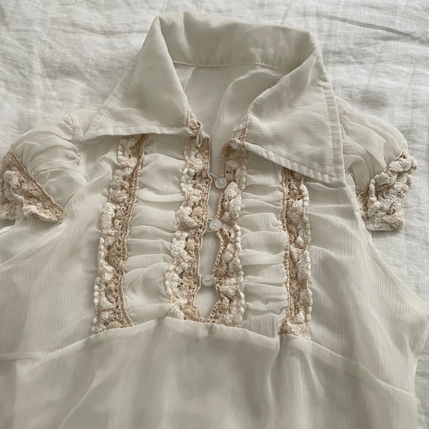 dainty balletcore white sheer puff sleeve beige embroidery lace ruched bust blouse