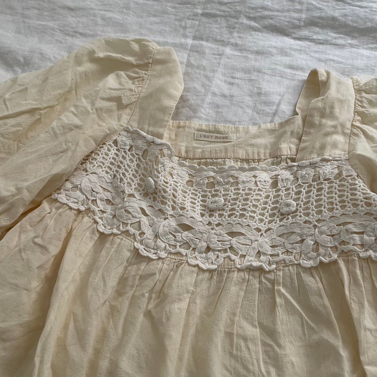 coquette butter yellow cream l'est rose white crochet lace puff sleeve flared babydoll tunic
