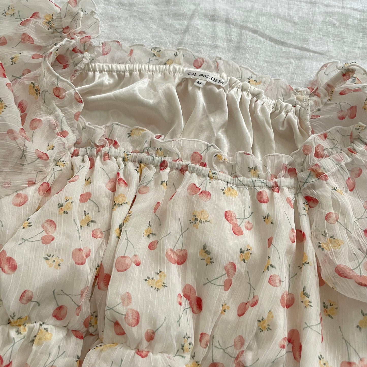 puff sleeve glacier white yellow red cherries orchard print babydoll tunic blouse