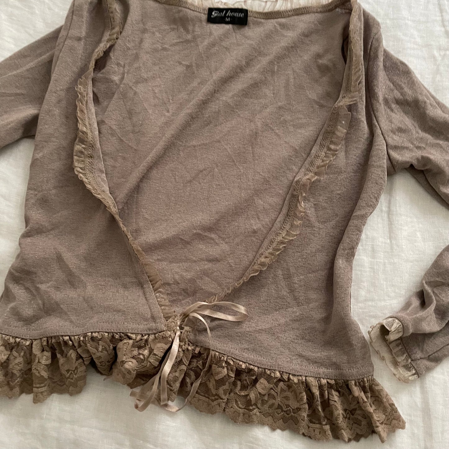 khaki grey brown gal house cottage ruffle lace 3/4 sleeve bolero cardigan