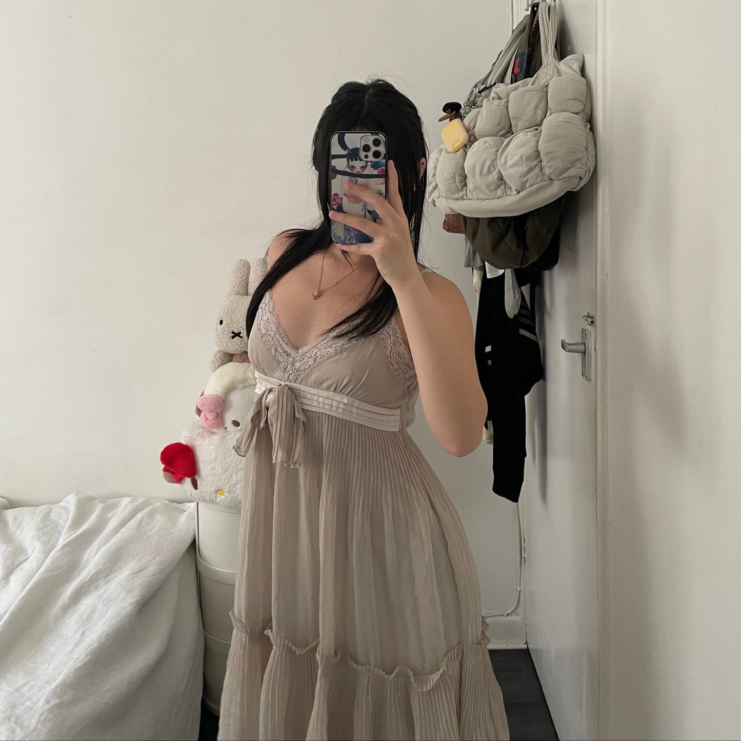 romantic greige axes femmes lacey pleated midi dress