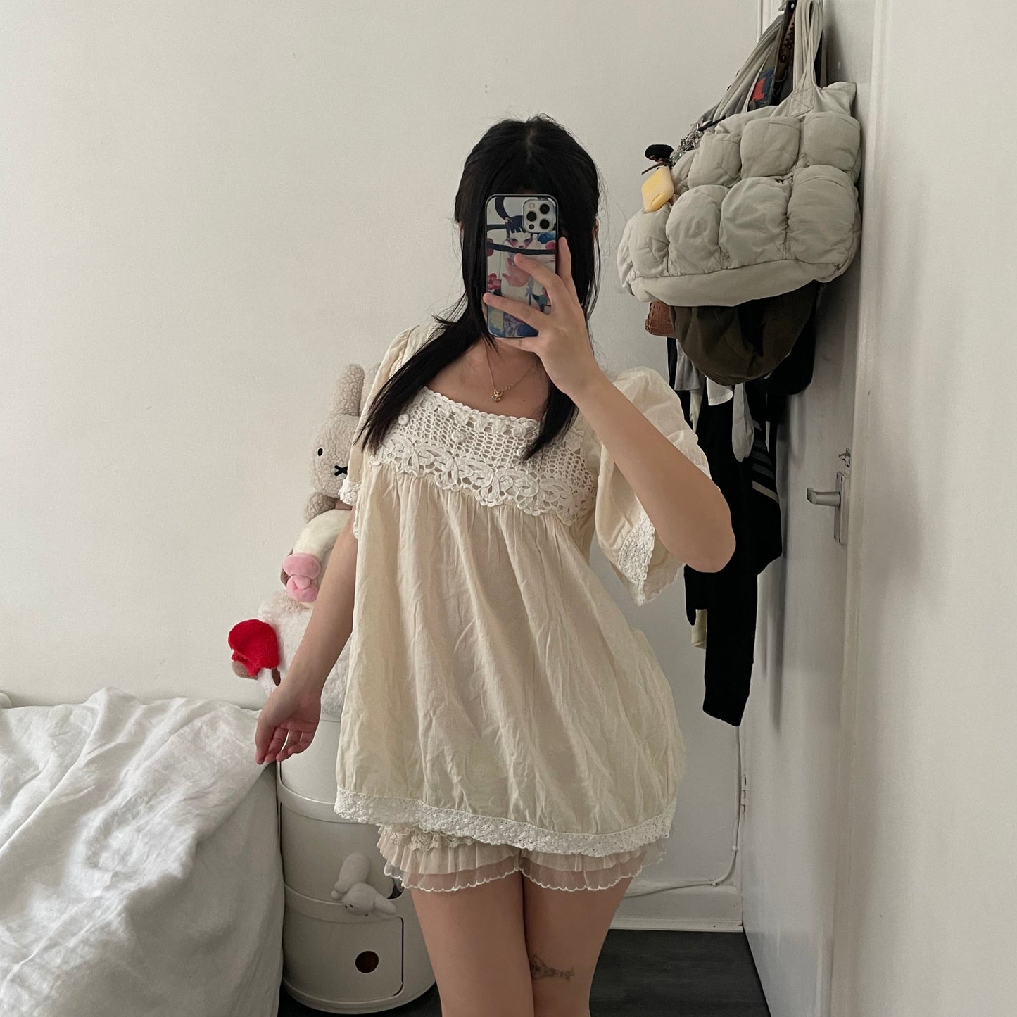coquette butter yellow cream l'est rose white crochet lace puff sleeve flared babydoll tunic