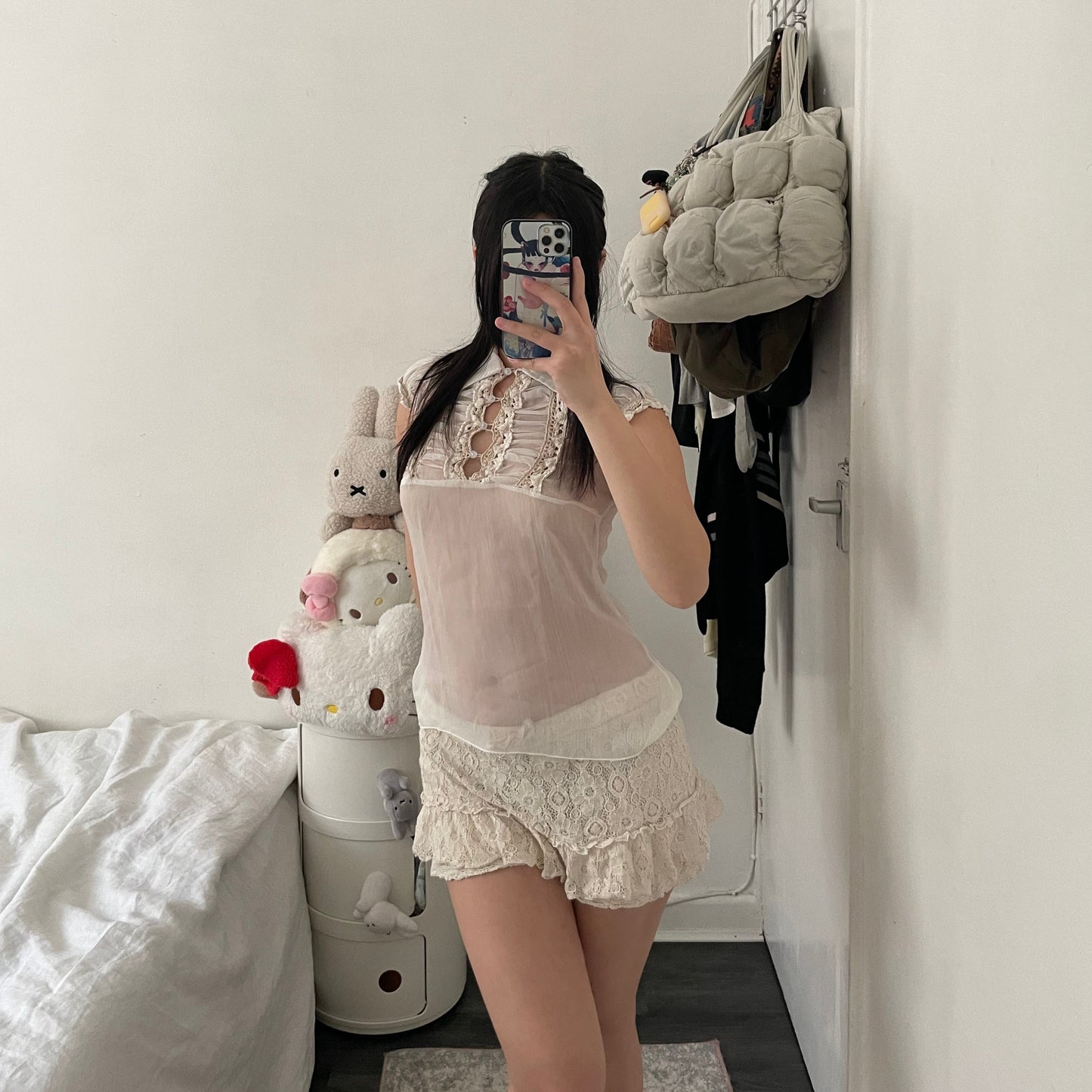 dainty balletcore white sheer puff sleeve beige embroidery lace ruched bust blouse