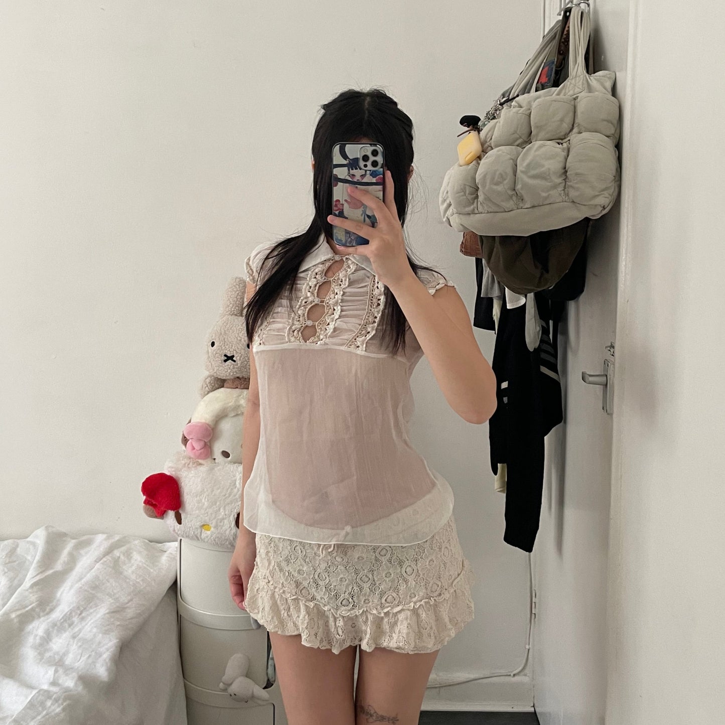 dainty balletcore white sheer puff sleeve beige embroidery lace ruched bust blouse